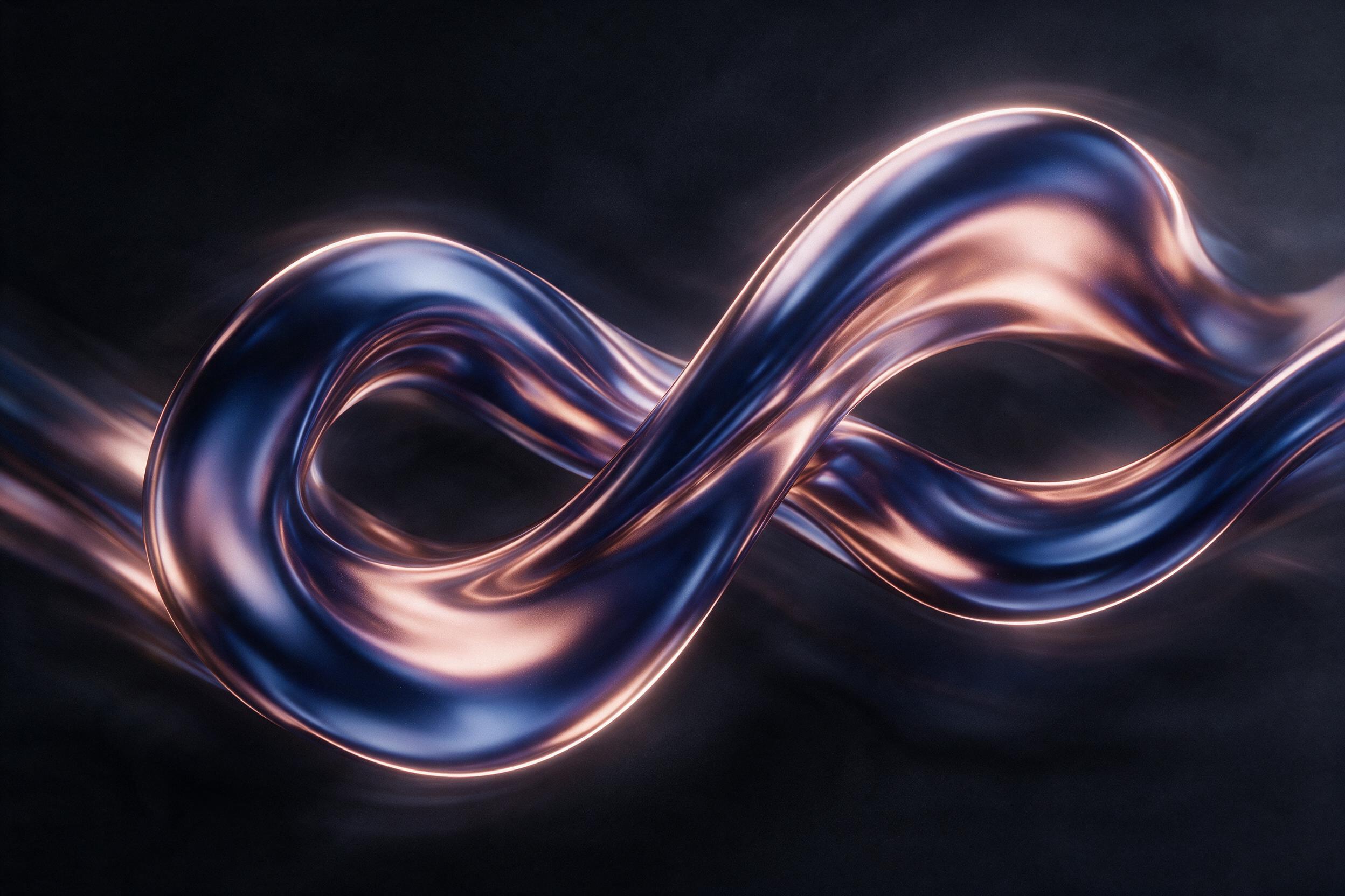 A minimalist composition of flowing liquid metal in shades of deep indigo and rose gold, curving smoothly against a matte black background. Soft rim lighting highlights the edges. Slight grain and subtle motion blur from a long exposure. No sharp lines or hard edges.