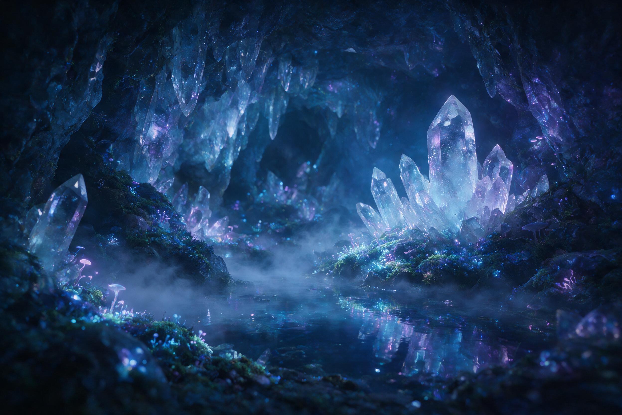 A glowing crystal cavern deep underground, bioluminescent moss and fungi casting soft blue and purple light on jagged quartz formations, still pool reflecting the ethereal glow, mist swirling gently, dreamlike atmosphere, soft focus