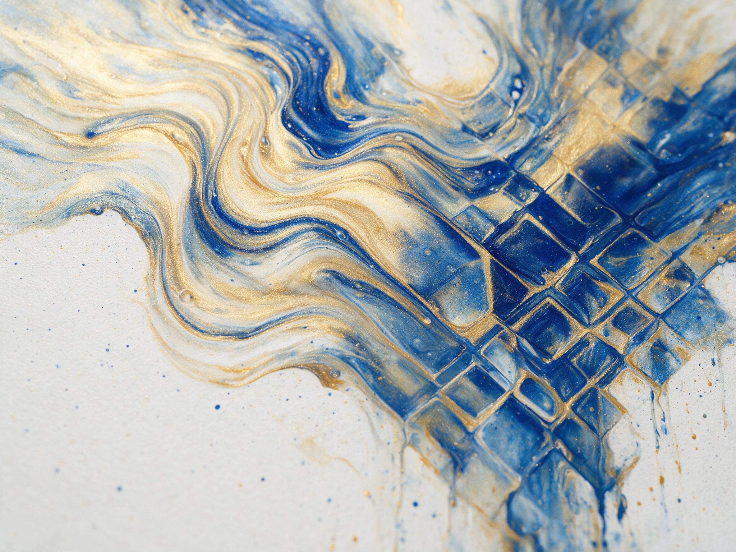 Fluid art of swirling iridescent colors, golden and deep blue, with organic shapes merging into geometric patterns, soft studio lighting, slight texture on canvas, minimalist composition with negative space, macro view of paint details