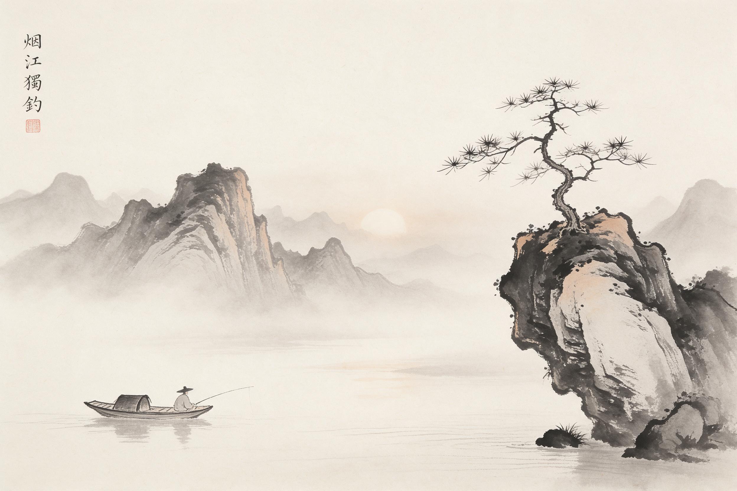 Chinese ink wash painting of a solitary fisherman in a small wooden boat on a misty river, ancient mountains fading into layered fog, a single pine tree on a rocky outcrop, minimal brushstrokes, soft gray and black tones with subtle sepia accent, blank space dominating the composition, light from a 