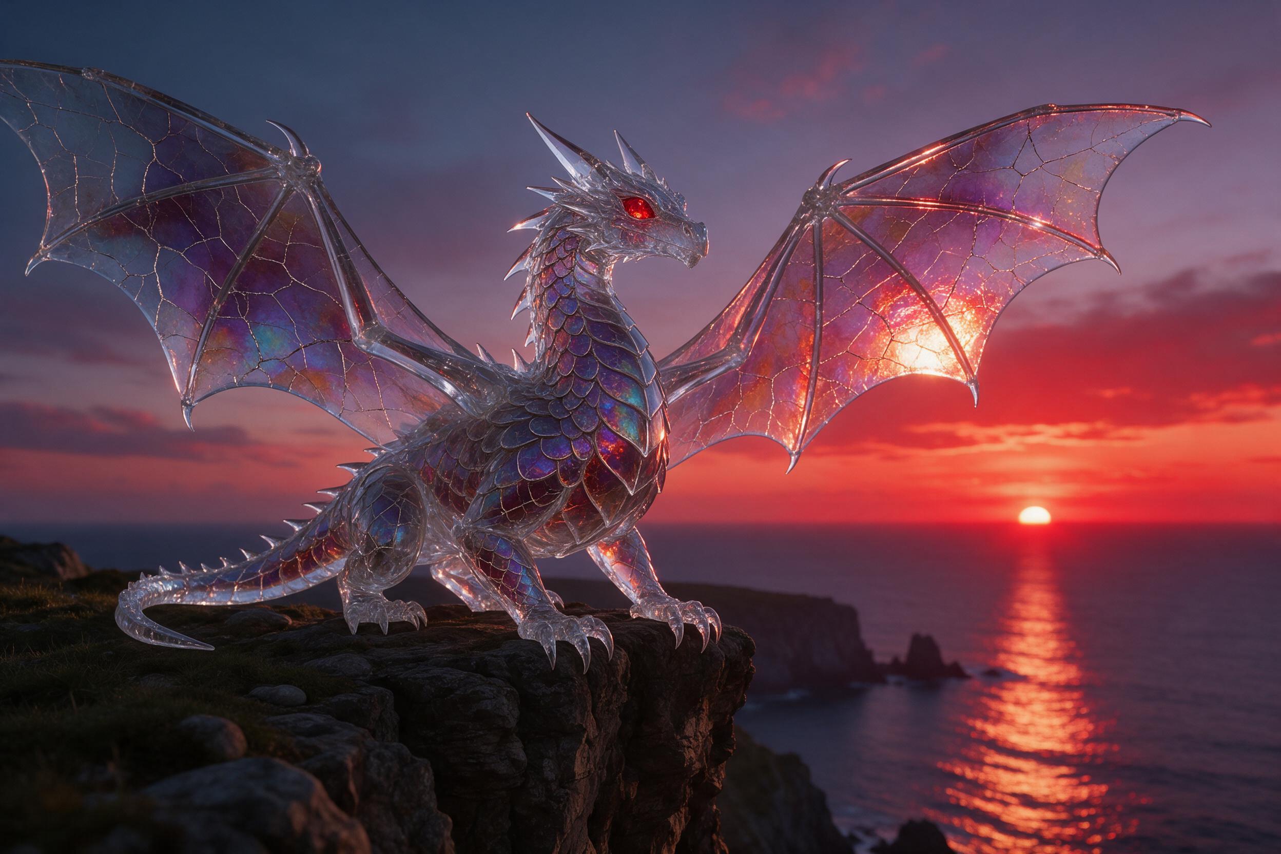 A dragon made of translucent glass with inner iridescent glaze perches on a cliff at twilight, wings catching the last rays of crimson light. Below, a distant ocean reflects a fading purple sky. Composition balances the creature, sharp focus, fine cracks in its scales