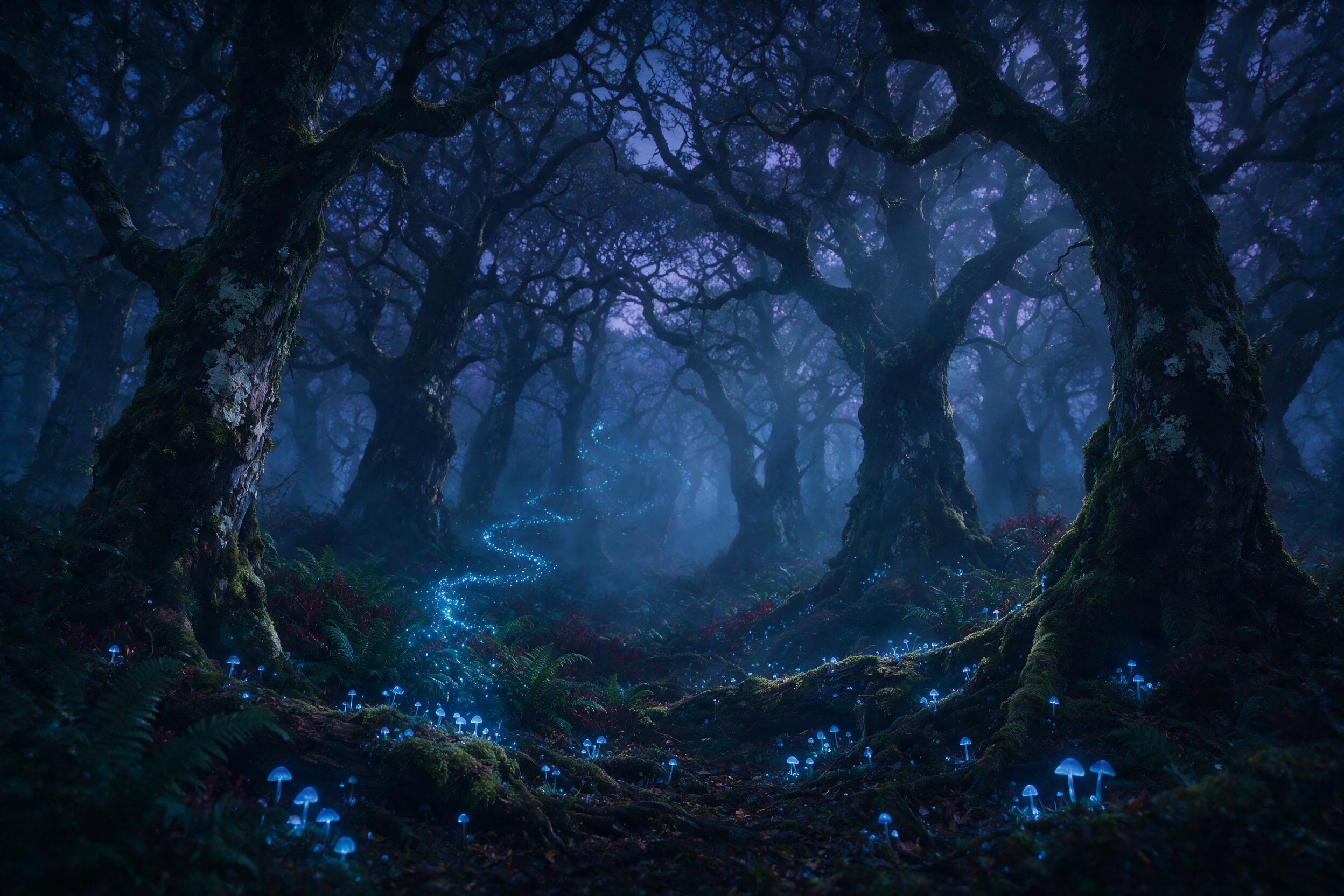 Ethereal forest at twilight, ancient gnarled trees with glowing blue mushrooms at their roots, soft mist drifting between trunks, fireflies forming a spiraling path, cool blue and purple color palette, volumetric light rays filtering through canopy, shallow depth of field, moody atmosphere