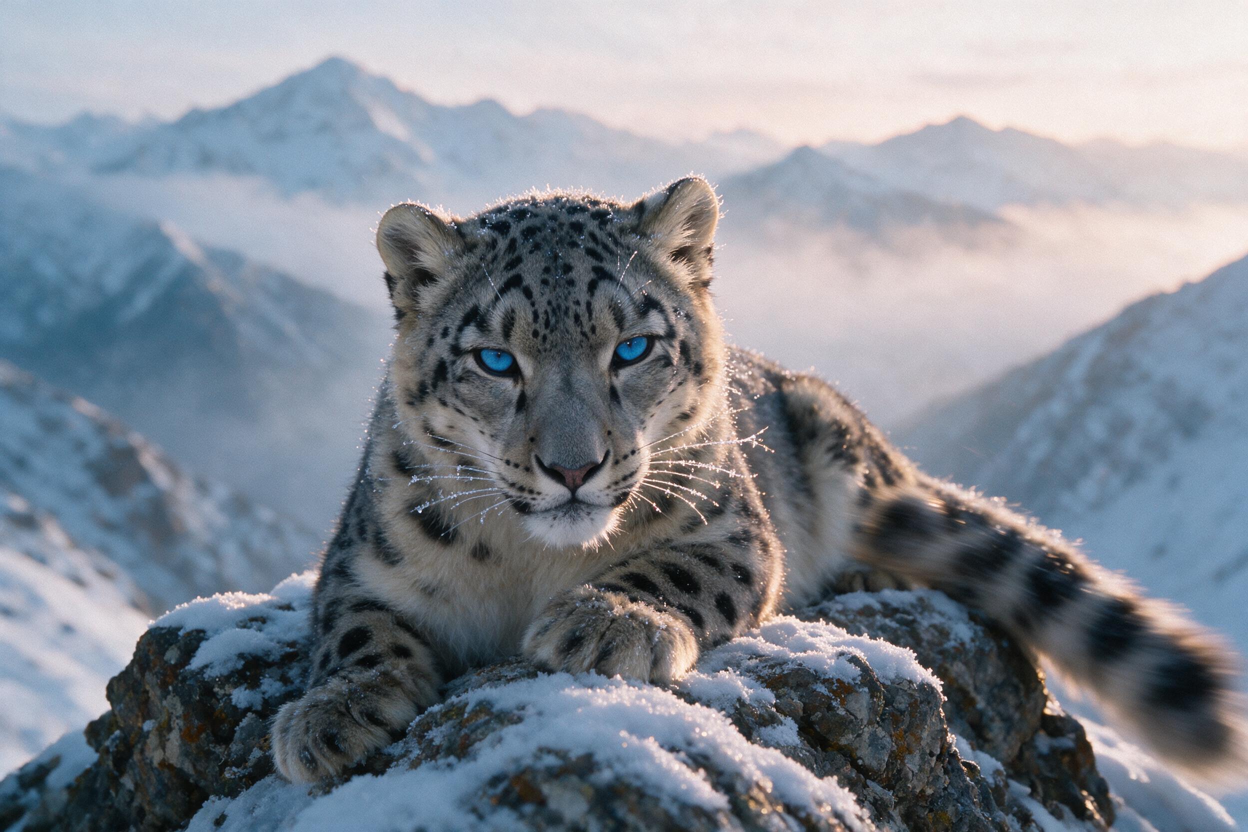 A close-up of a snow leopard's piercing blue eyes, whiskers dusted with frost, resting on a rocky outcrop at dawn, soft golden light filtering through mist, fine grain texture, slight motion blur on the tail.