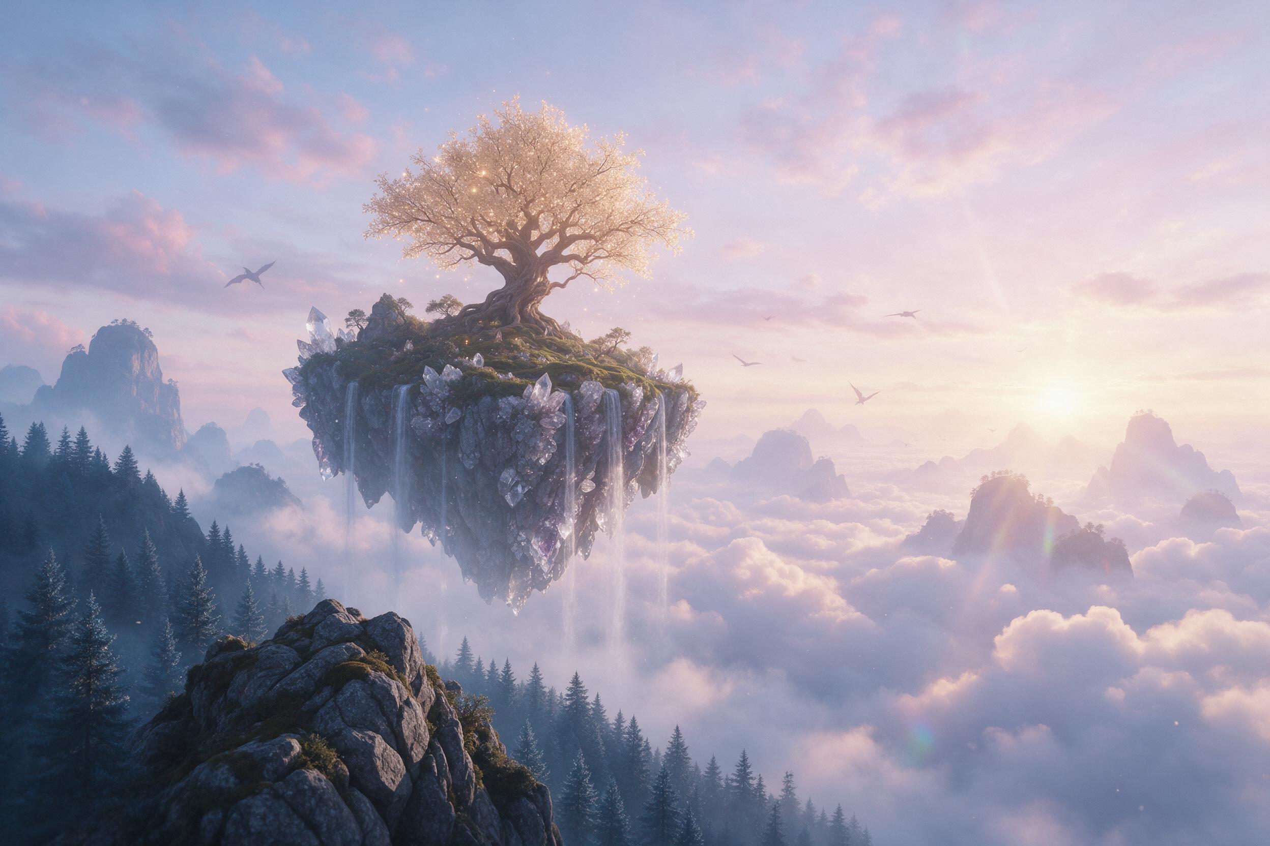 A floating crystaline island above sea of clouds, ancient tree with glowing leaves, waterfalls plunging into mist, soft pastel dawn light, ethereal atmosphere, distant silhouettes of flying creatures, cinematic composition with clear foreground midground background, subtle lens flare, gentle particl