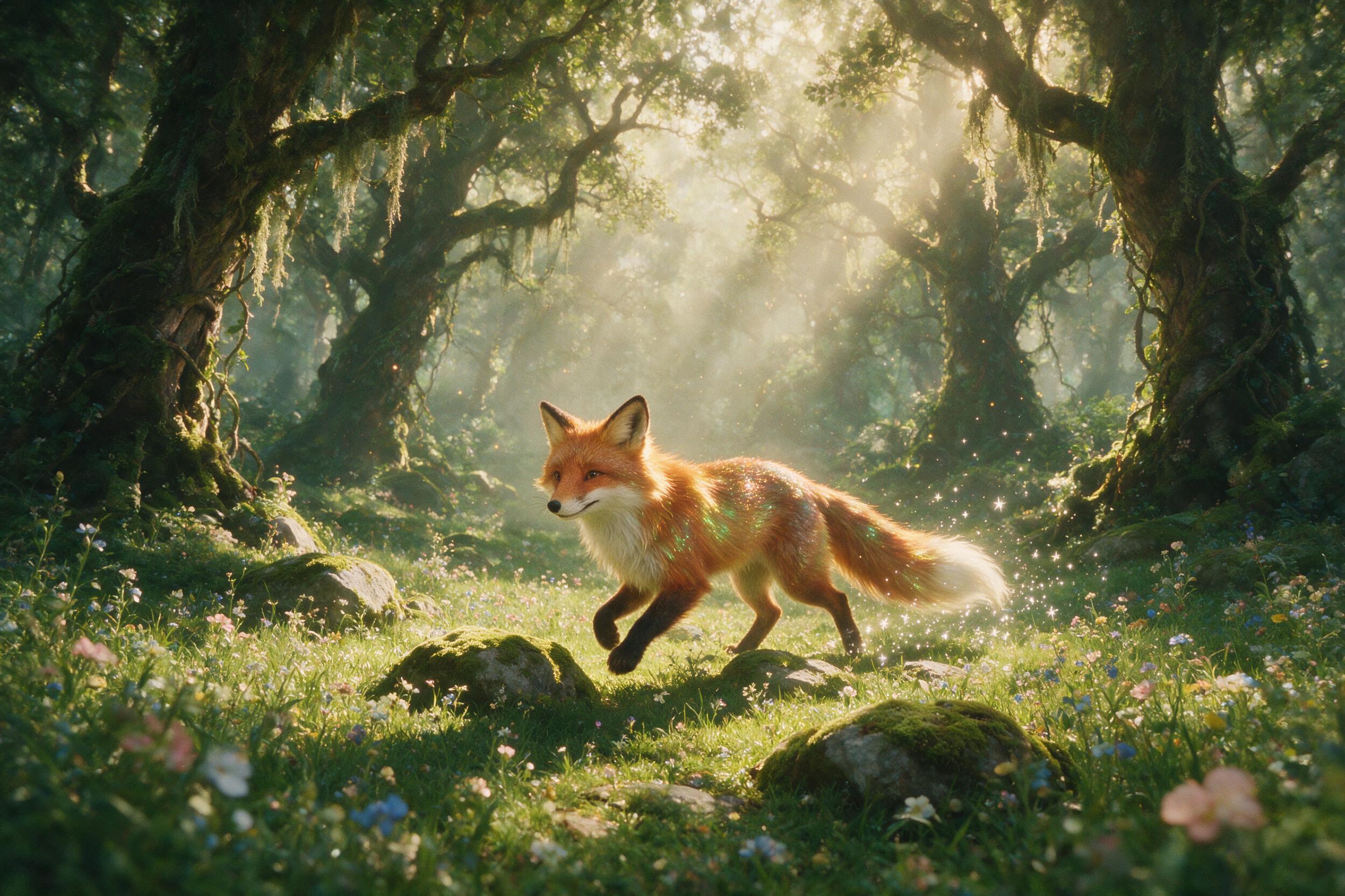 A sunlit ancient forest clearing, where a gentle giant fox with iridescent fur weaves between glowing mossy stones, its tail leaving trails of soft light; beams of amber light filter through canopy mist, scattered wildflowers below, wide-angle composition, ethereal atmosphere, natural film grain.