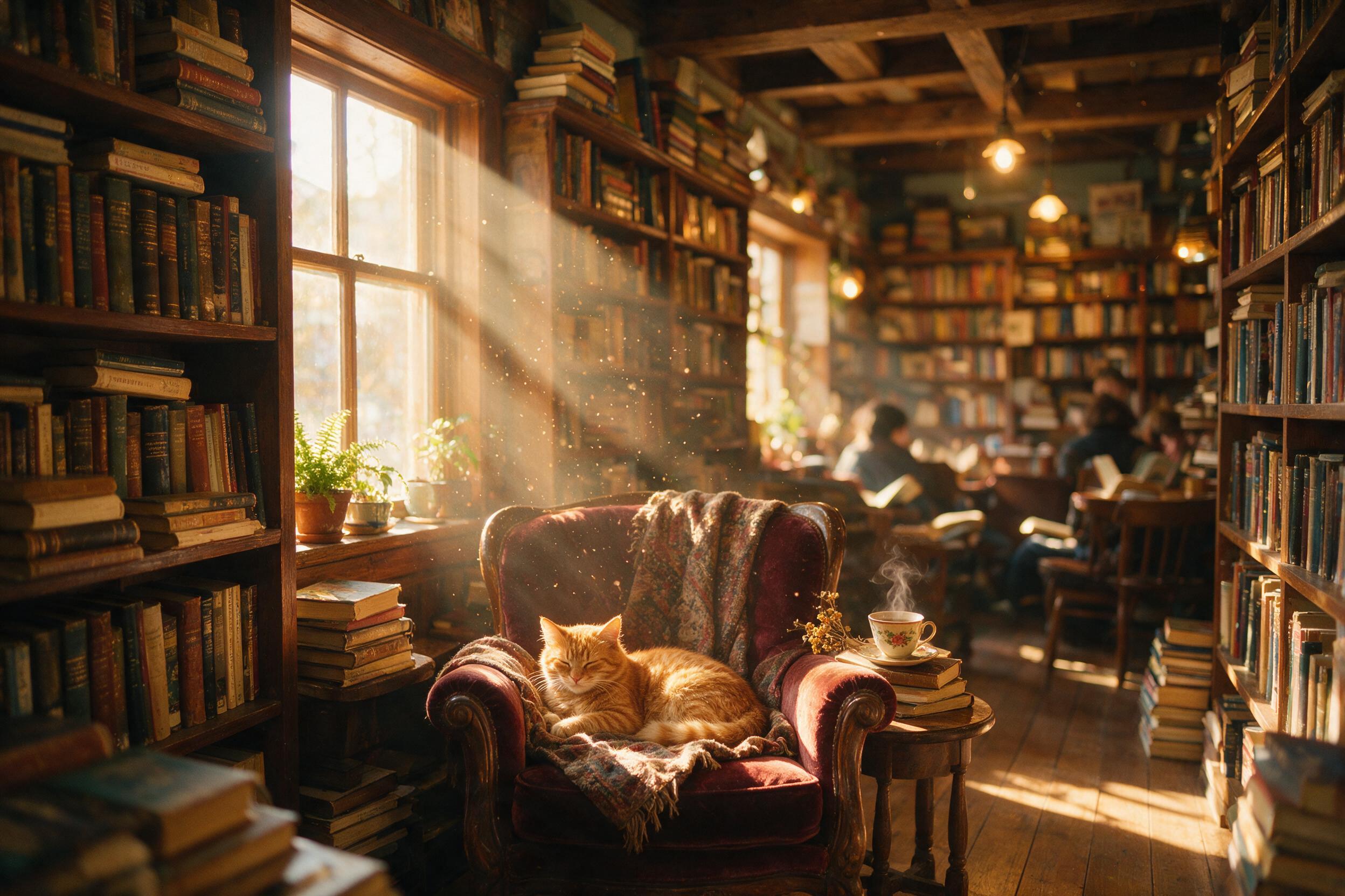 A cozy, sunlit bookstore interior at golden hour, dust motes floating in warm light, wooden shelves overflowing with books, a cat curled on a vintage armchair, soft bokeh background, shallow depth of field, natural lighting, slight grain, candid street photography style.