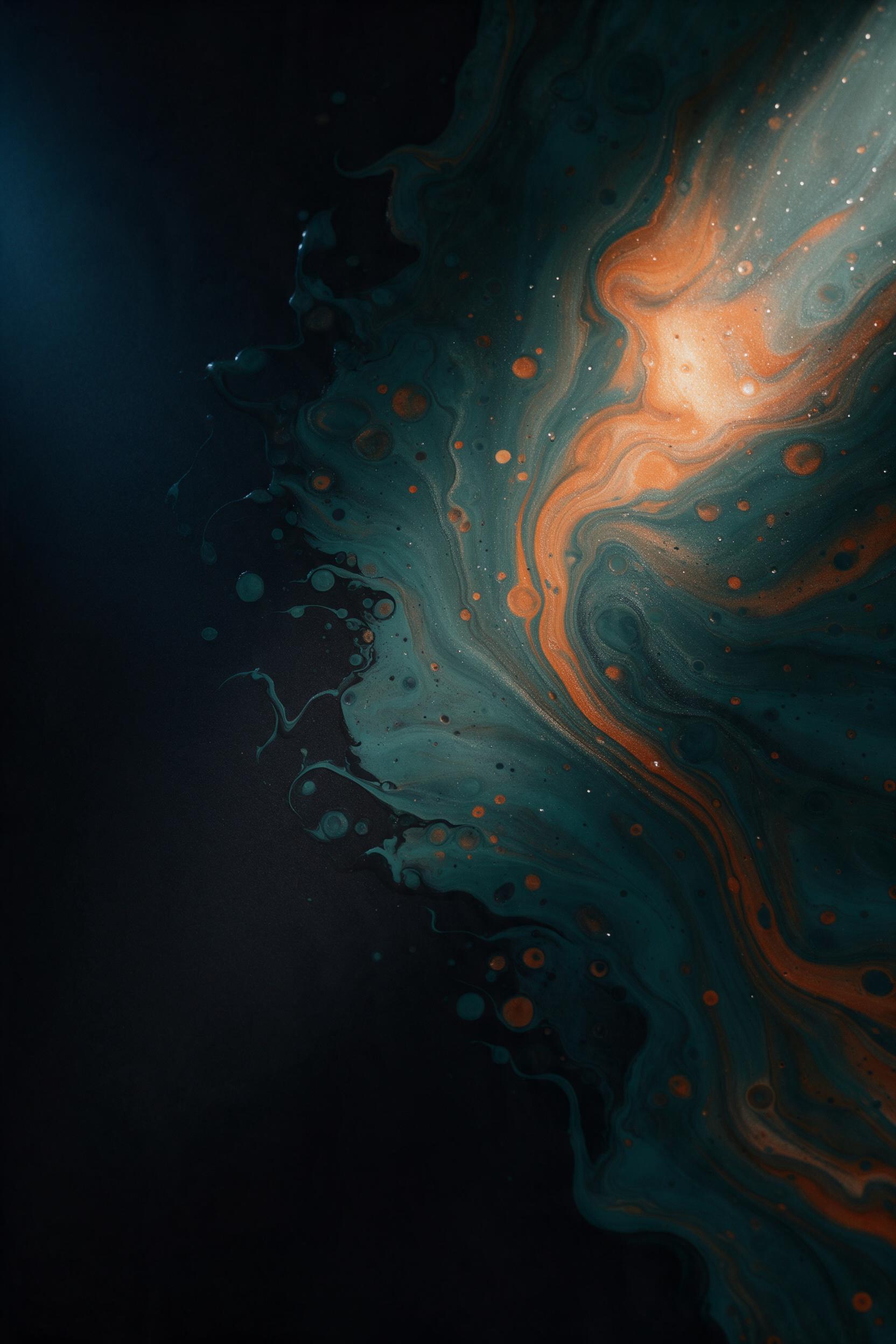 A fluid art composition with swirling teal and burnt orange acrylic on a dark background, highlighted by a single soft spotlight, creating deep shadows and glossy reflections, minimalism with texture contrast, no text or watermarks
