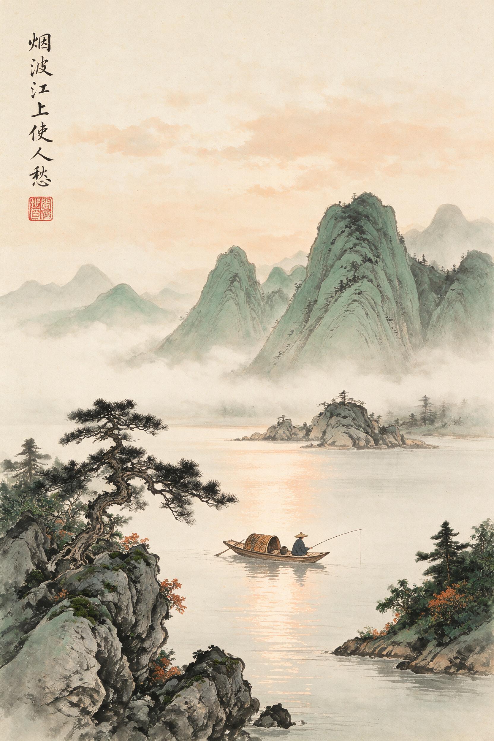 A lone fisherman in a small wooden boat on a misty lake at dawn, surrounded by layered green mountains and ancient pine trees, soft ink wash textures, subtle water ripples, pale apricot sky, quiet and reflective atmosphere, east Asian landscape painting style