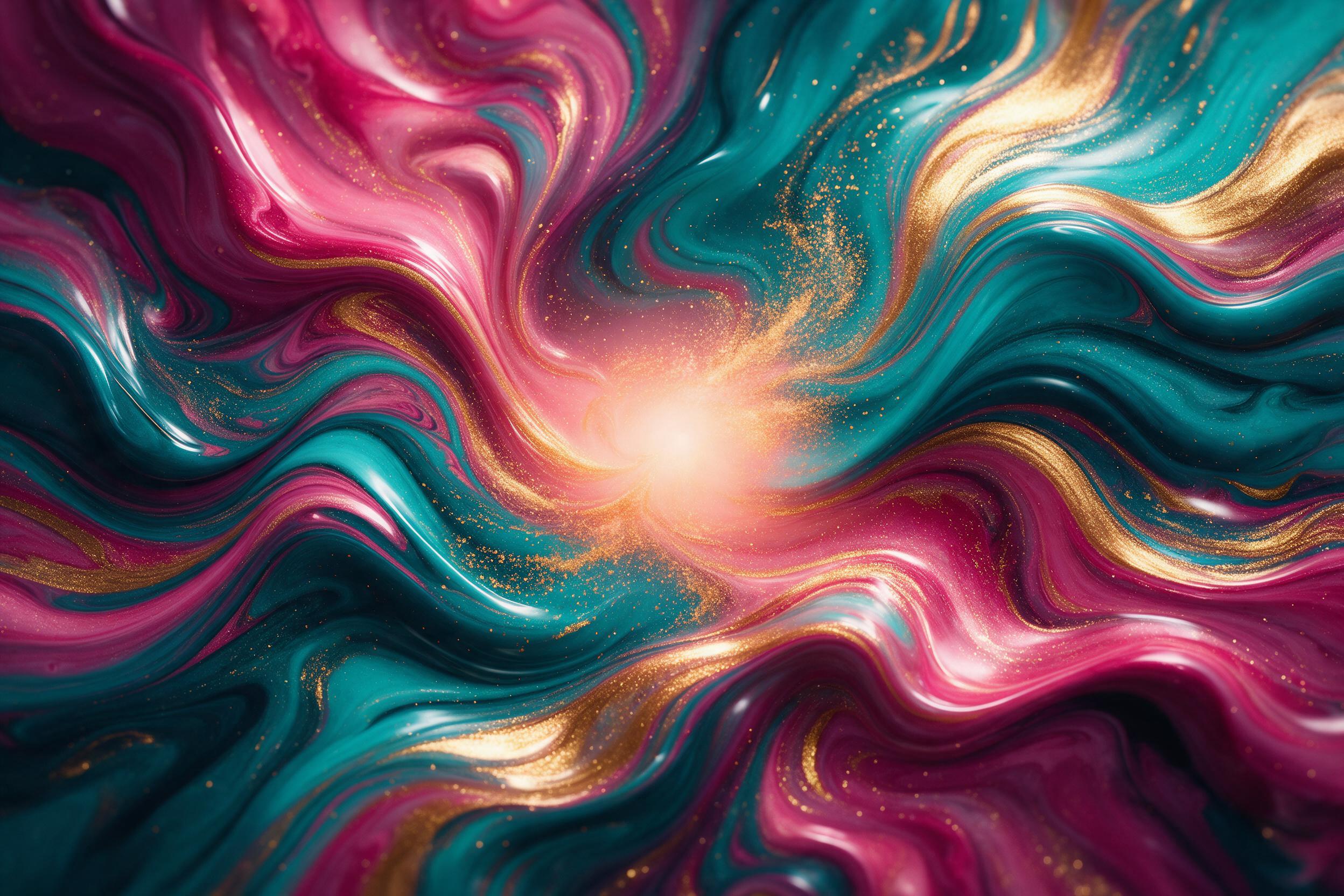 Vibrant fluid art with swirling teal, magenta, and gold, glossy waves, soft studio lighting, macro lens, minimalist composition, centered glow