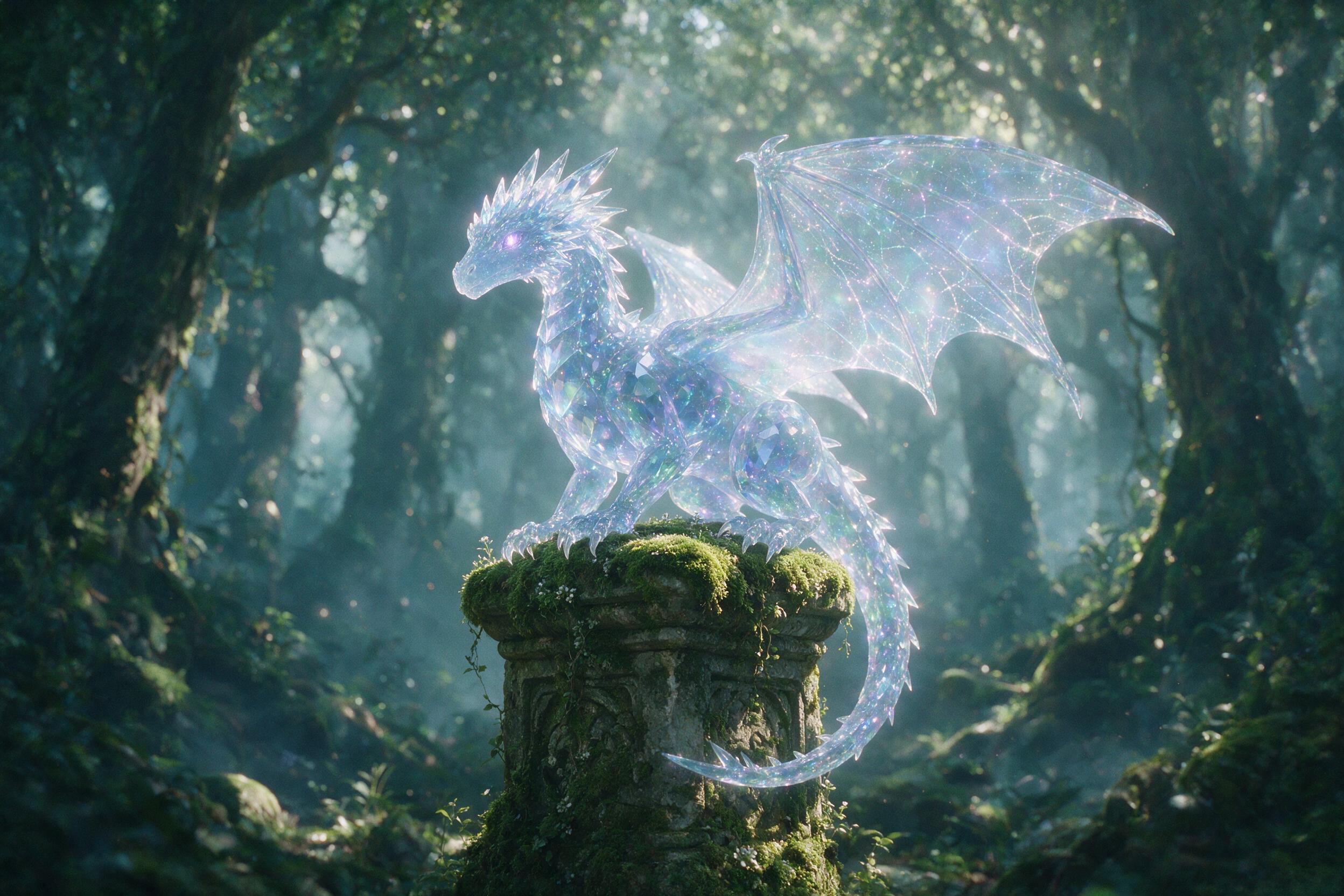 A glowing, translucent crystal dragon perches on a moss-covered stone pillar in a misty enchanted forest, dappled sunlight filtering through ancient canopy, soft bokeh, ethereal atmosphere, slight grain