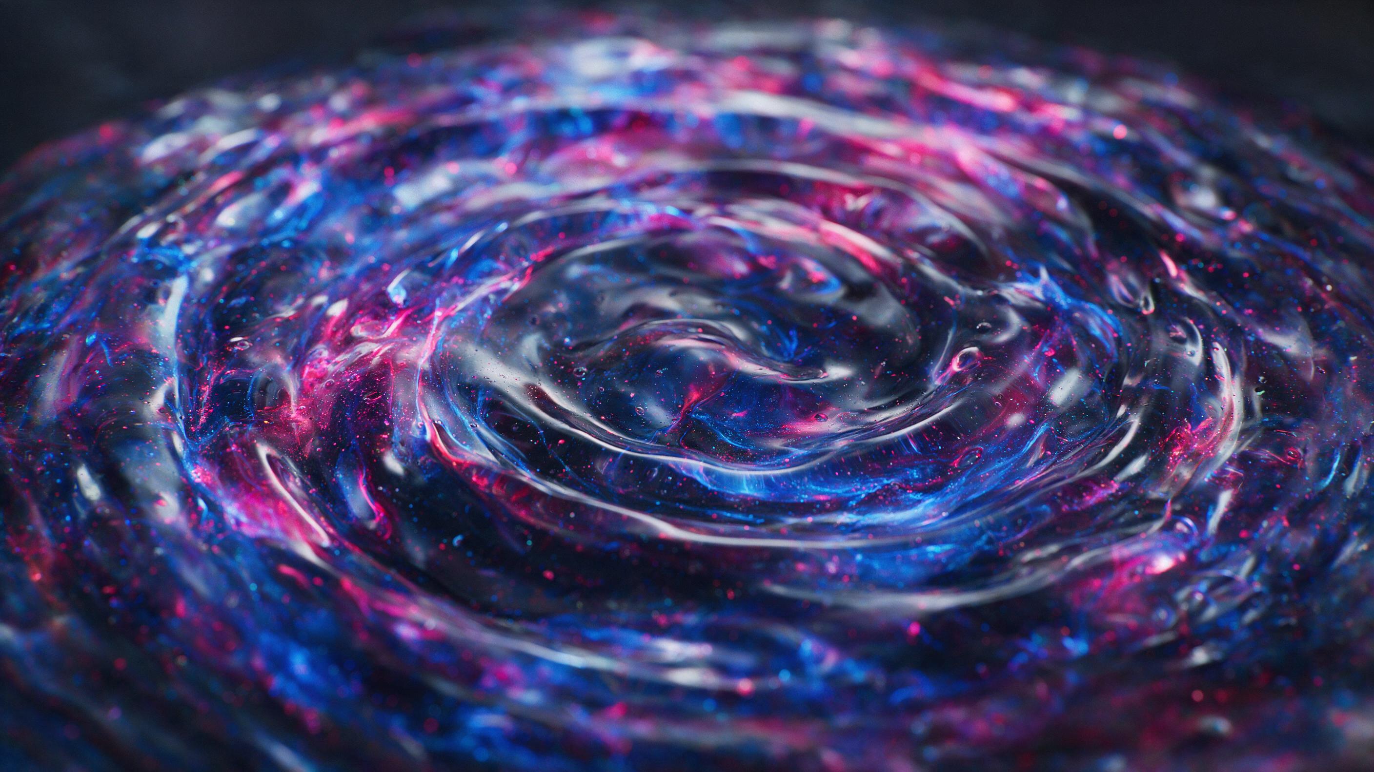 A swirling composition of molten glass and liquid metal, fused with vibrant neon pigments, shot in macro detail. Glowing veins of electric blue and magenta interweave through translucent ripples, catching soft studio light. Smooth, glossy surfaces reflect abstract arcs, creating a flowing, otherworl