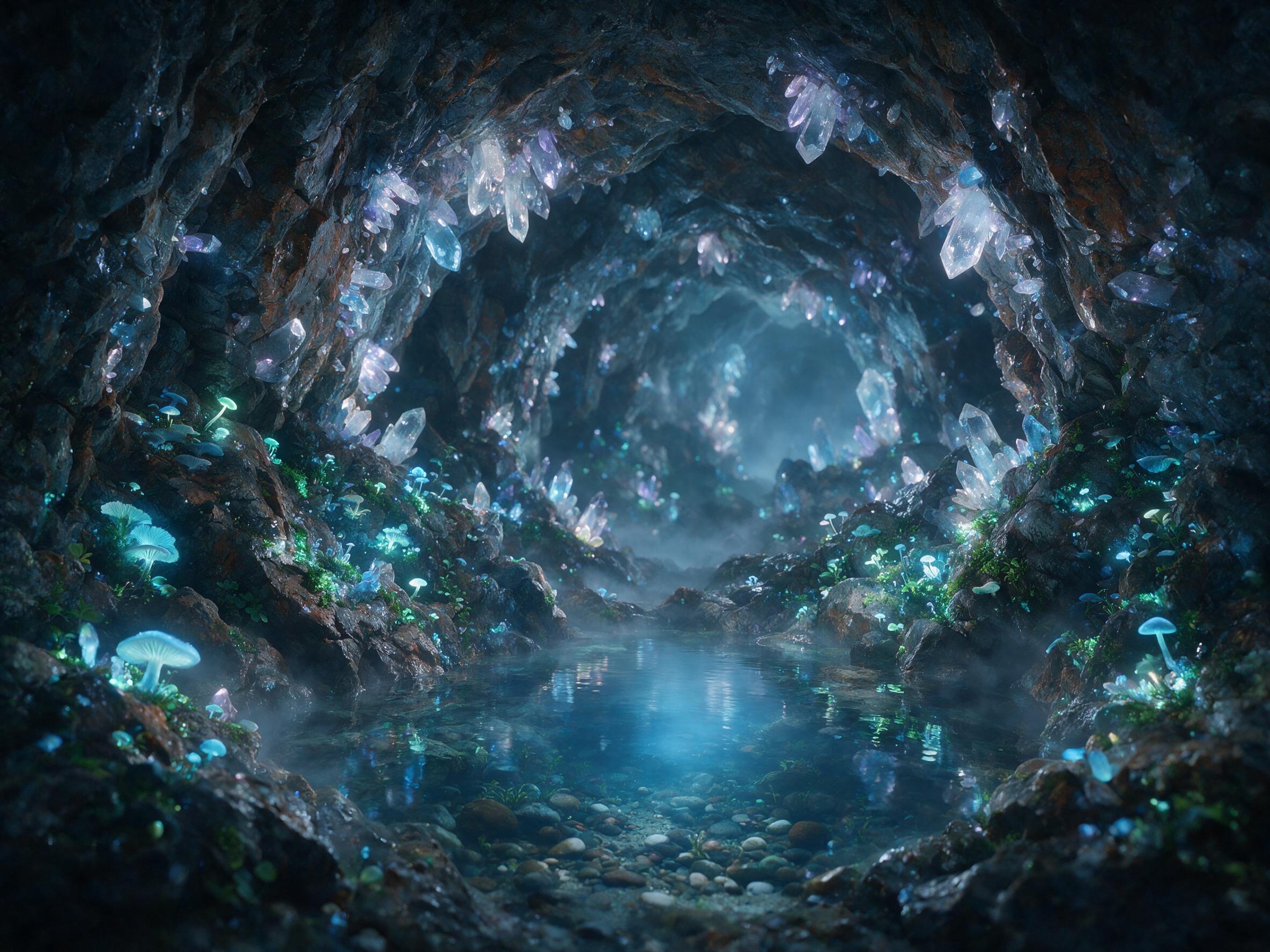 A luminous crystal cave deep underground, glowing bioluminescent fungi on jagged walls, a small pool of clear water reflecting a soft blue light, distant mist, subtle fog, natural lighting from crystals, slightly warm tones, no people, no harsh shadows
