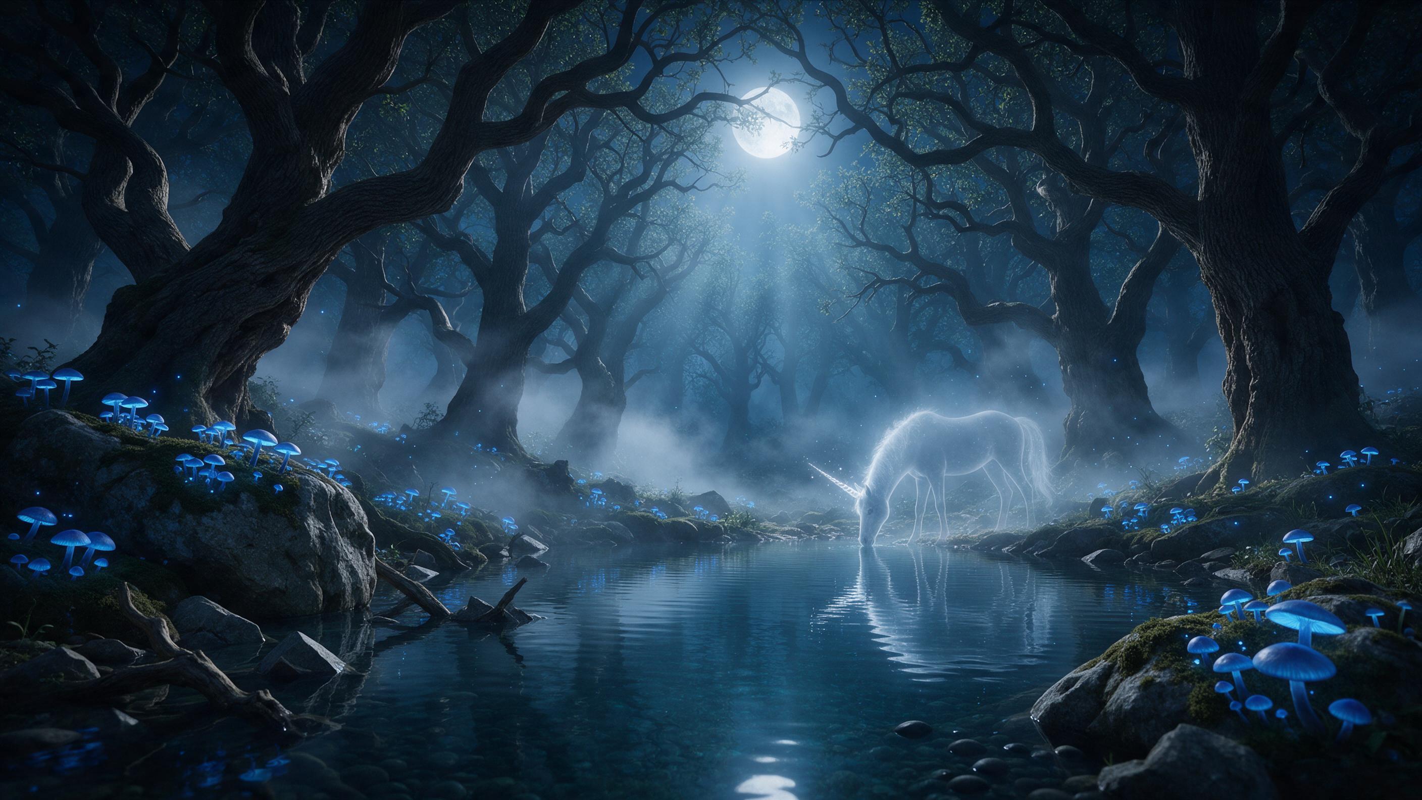 A moonlit enchanted forest clearing, glowing blue mushrooms scattered among mossy stones, a faint silhouetted unicorn with a shimmering silver horn drinking from a crystal-clear pond, mist weaving between ancient gnarled oaks, soft volumetric light filtering through fog, dreamy cinematic atmosphere,