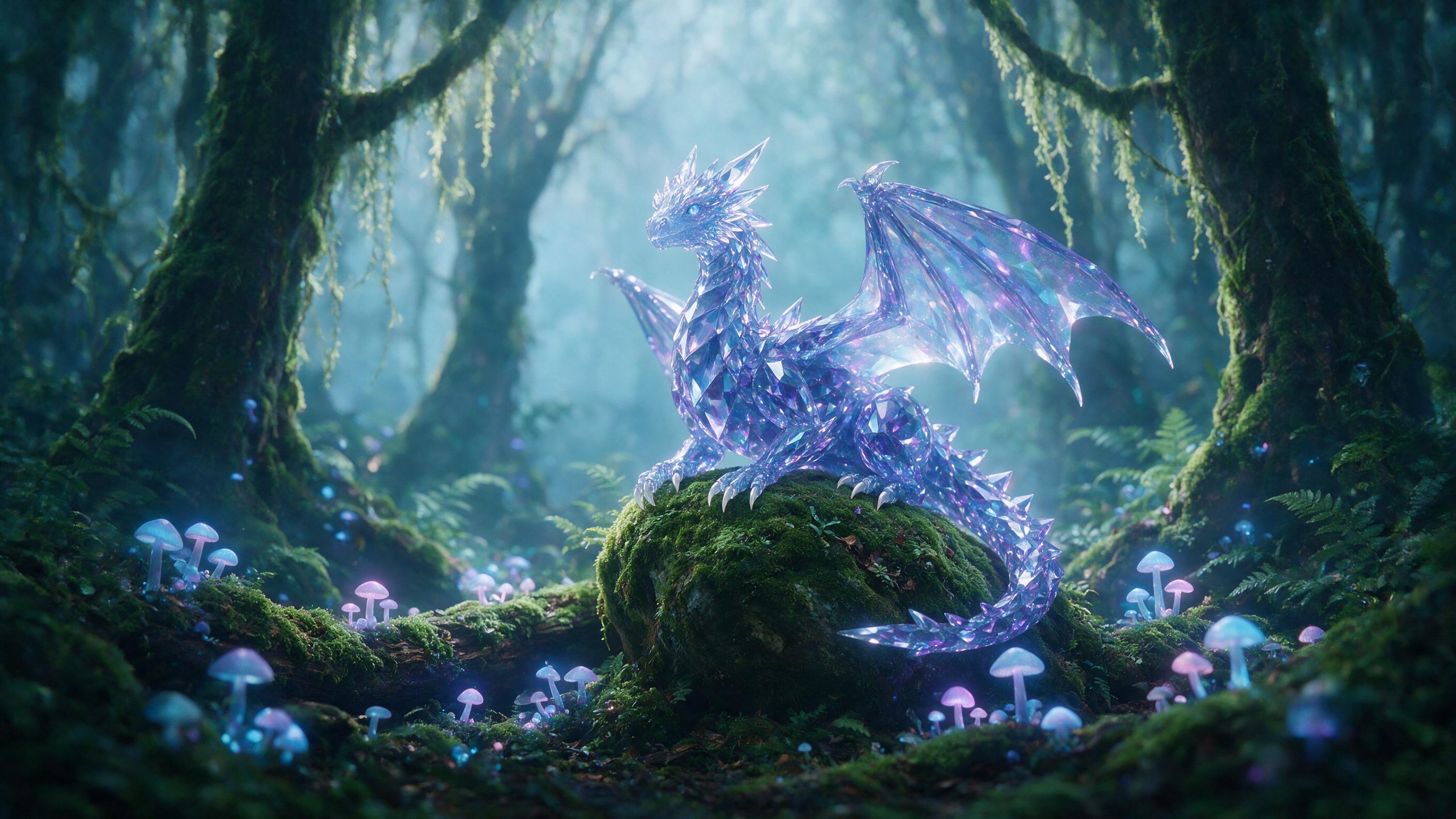 A glowing crystal dragon perched on a mossy stone in a misty forest, bioluminescent mushrooms scatter light, soft blue and purple hues, magical atmosphere, shallow depth of field, cinematic lighting, gentle fog