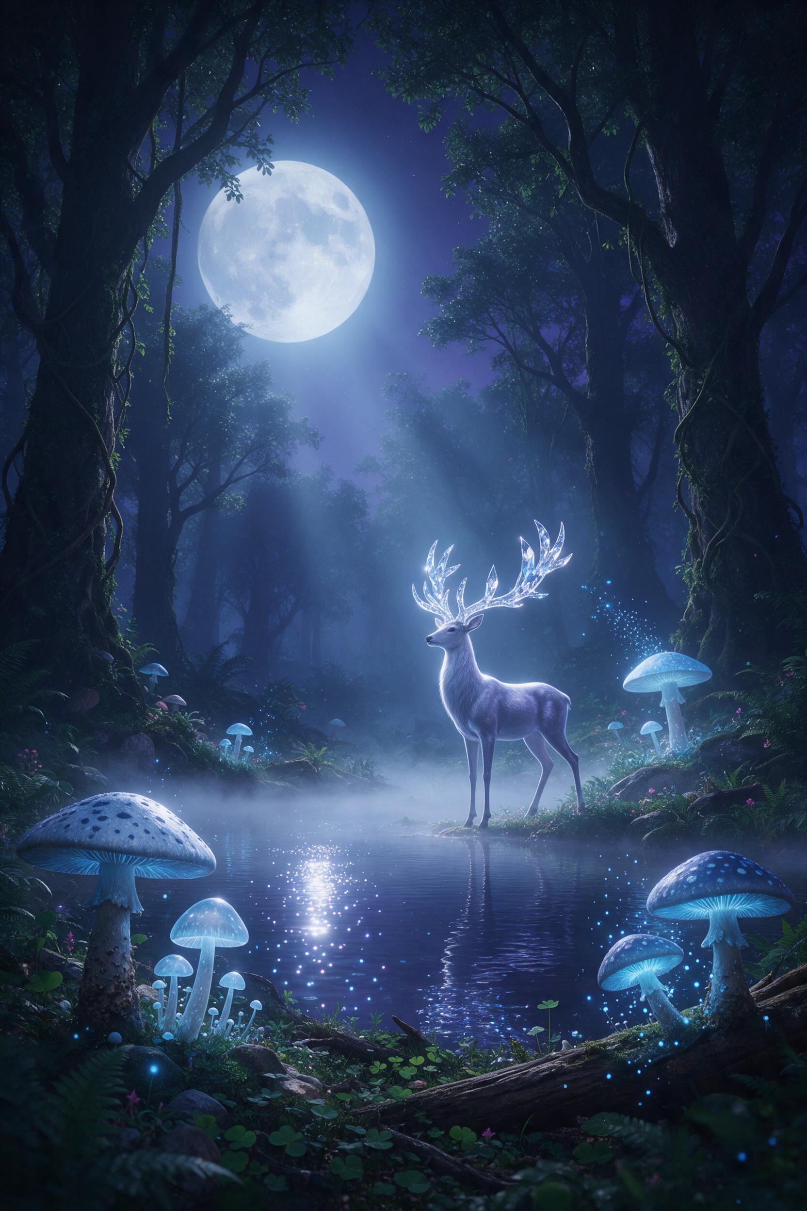 Moonlit ancient forest clearing, giant glowing mushrooms with bioluminescent blue spores, a silver stag with crystal antlers stands by a misty pond, reflections shimmer, soft volumetric light through fog, deep emerald and violet palette, cinematic composition, ethereal atmosphere.