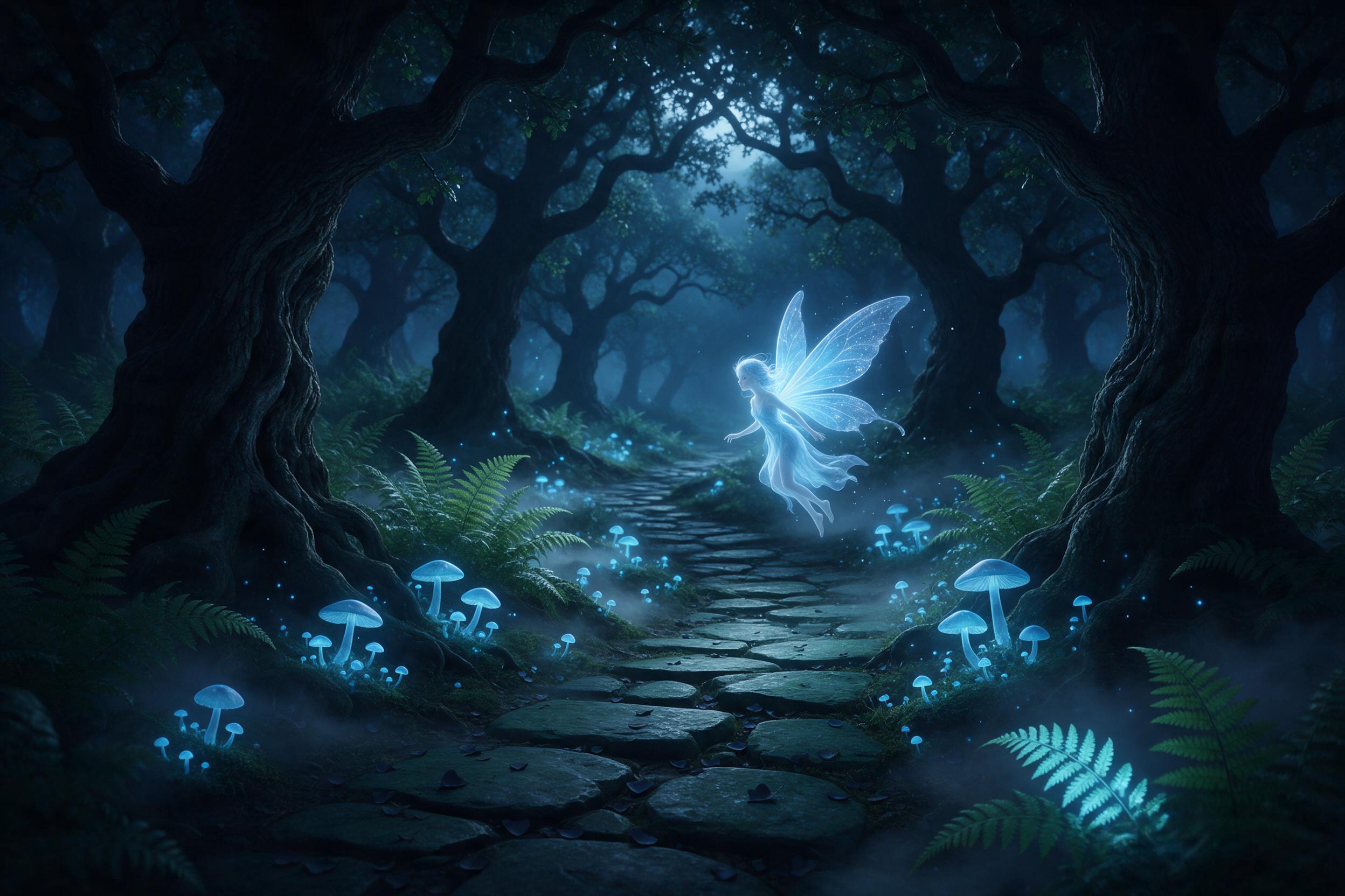 A moonlit ancient forest glade with bioluminescent blue mushrooms lighting a winding stone path, a translucent fairy with silken wings hovering, mist low over ferns, deep shadows between oak trees, cool blue and green palette, soft glowing light source from mushrooms, dreamlike atmosphere