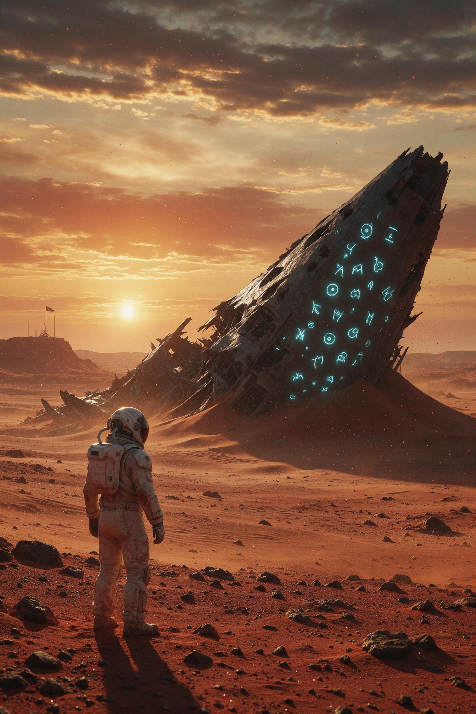 A lone astronaut in a weathered white suit stands on a dusty Martian plain, facing a colossal derelict alien ship half-buried in the crimson sand. The ship's dark hull is etched with glowing cyan symbols, casting a cold light against the warm amber sunset. Fine dust particles float in the air, catch