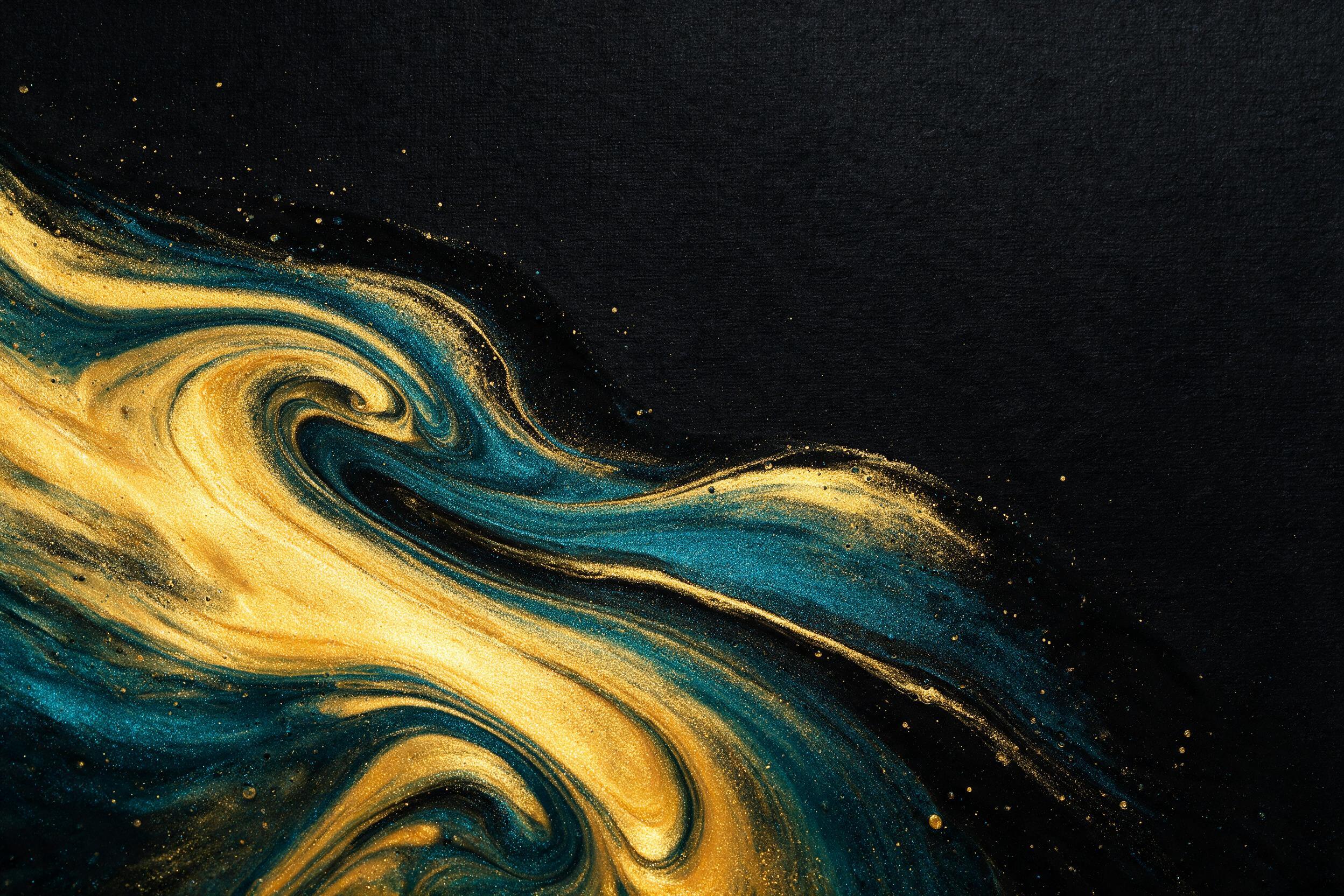 Abstract fluid art on black canvas, swirling metallic gold and teal pigments, organic ripples, soft studio reflection, high contrast, edge-lit, minimalist composition, space for text, no text.