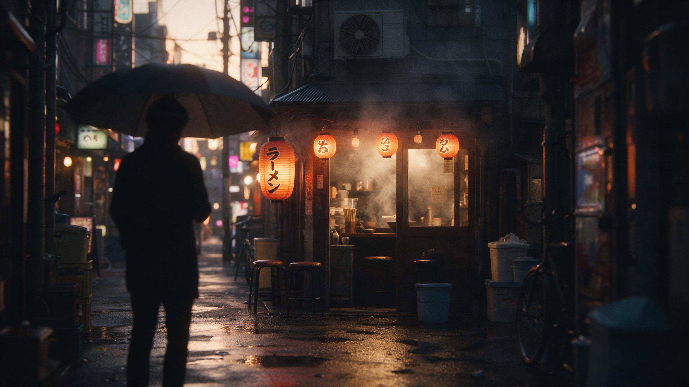 A quiet Tokyo alley at dusk, warm lantern light reflecting on wet pavement, a small ramen shop with steam rising from the entrance, neon signs in soft focus, silhouetted figure holding an umbrella, cinematic composition, natural fading light, subtle film grain