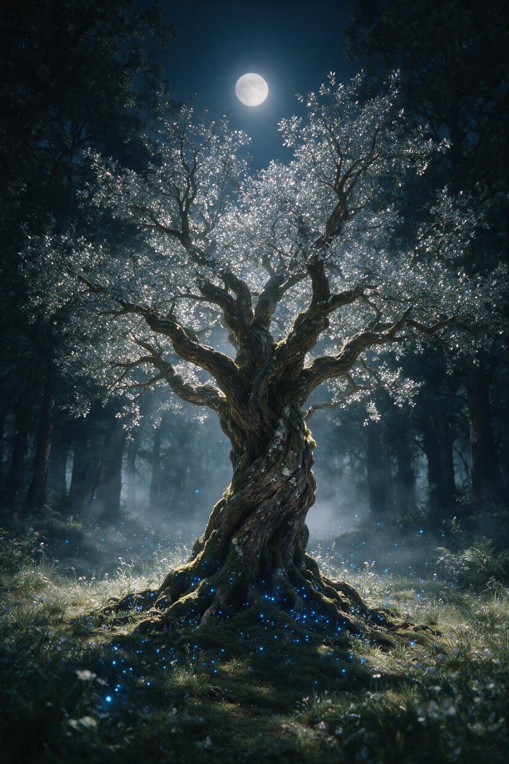 An ancient, gnarled tree with silver leaves stands in a moonlit, misty glade. Glowing blue fireflies swarm around its roots. Soft, magical light filters through the canopy, casting long shadows. The scene is perfectly still, with a slight grain, evoking a dreamlike, enchanted forest.
