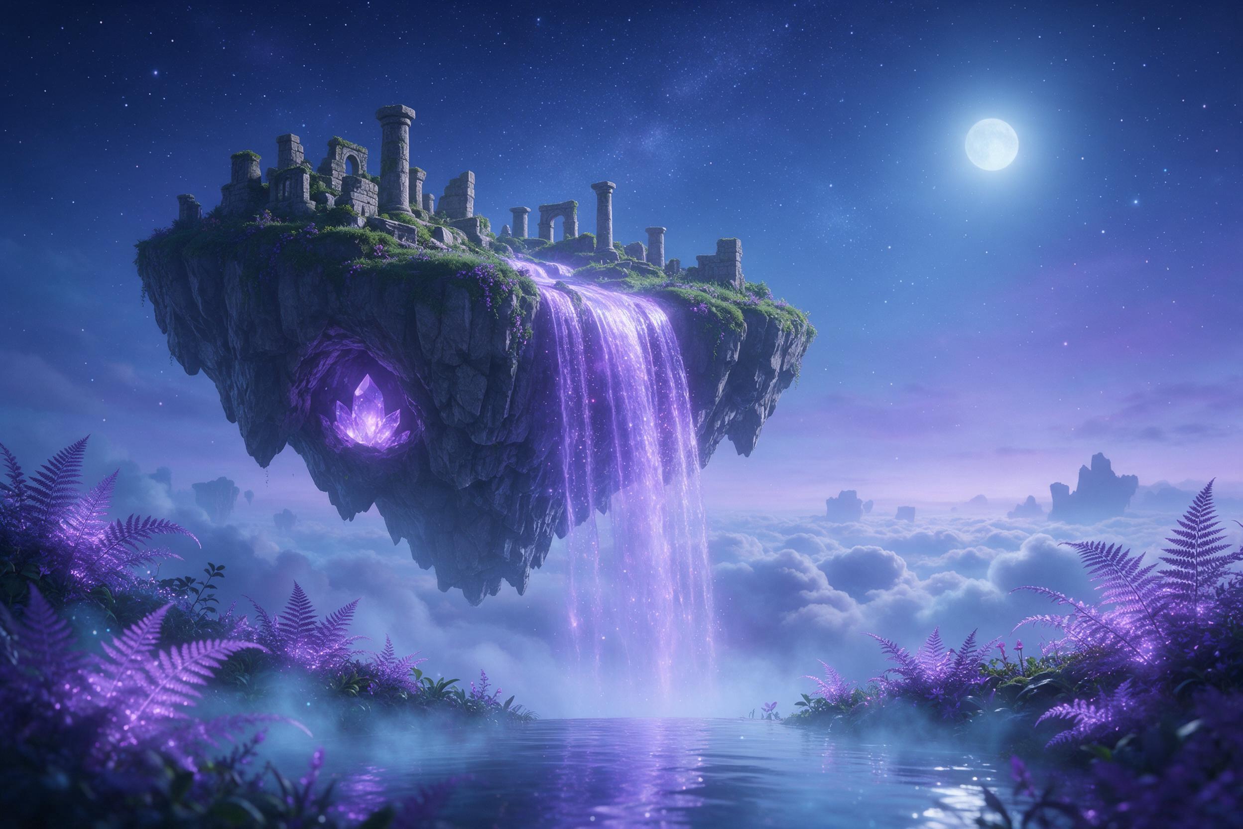 A moonlit floating island with a glowing crystal waterfall cascading into a sea of clouds, surrounded by bioluminescent purple ferns and ancient stone ruins, soft magical mist, ethereal blue and violet hues, stars reflecting in the water, low angle composition emphasizing the island's grandeur, slig