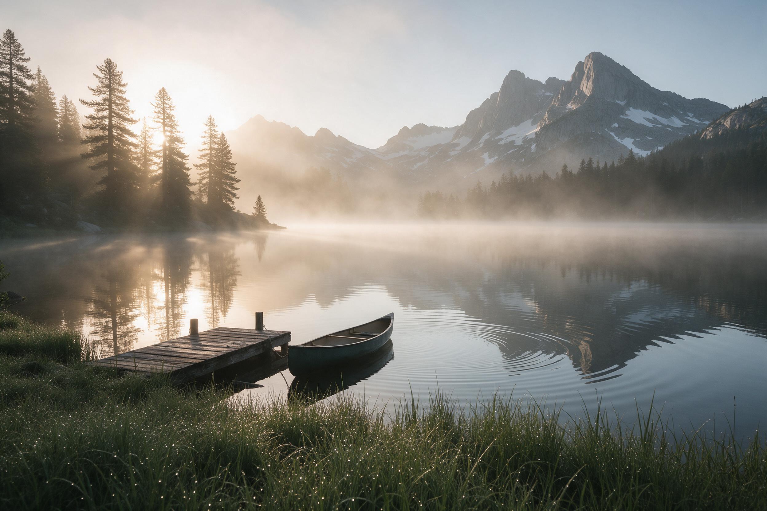 Misty alpine lake at dawn, glassy water reflecting snow-dusted granite peaks, soft golden sunlight piercing through pine silhouettes, knee-high grass with dew drops in foreground, a lone canoe tied to a weathered wooden dock, atmospheric haze, gentle ripples, wide-angle composition, quiet serenity