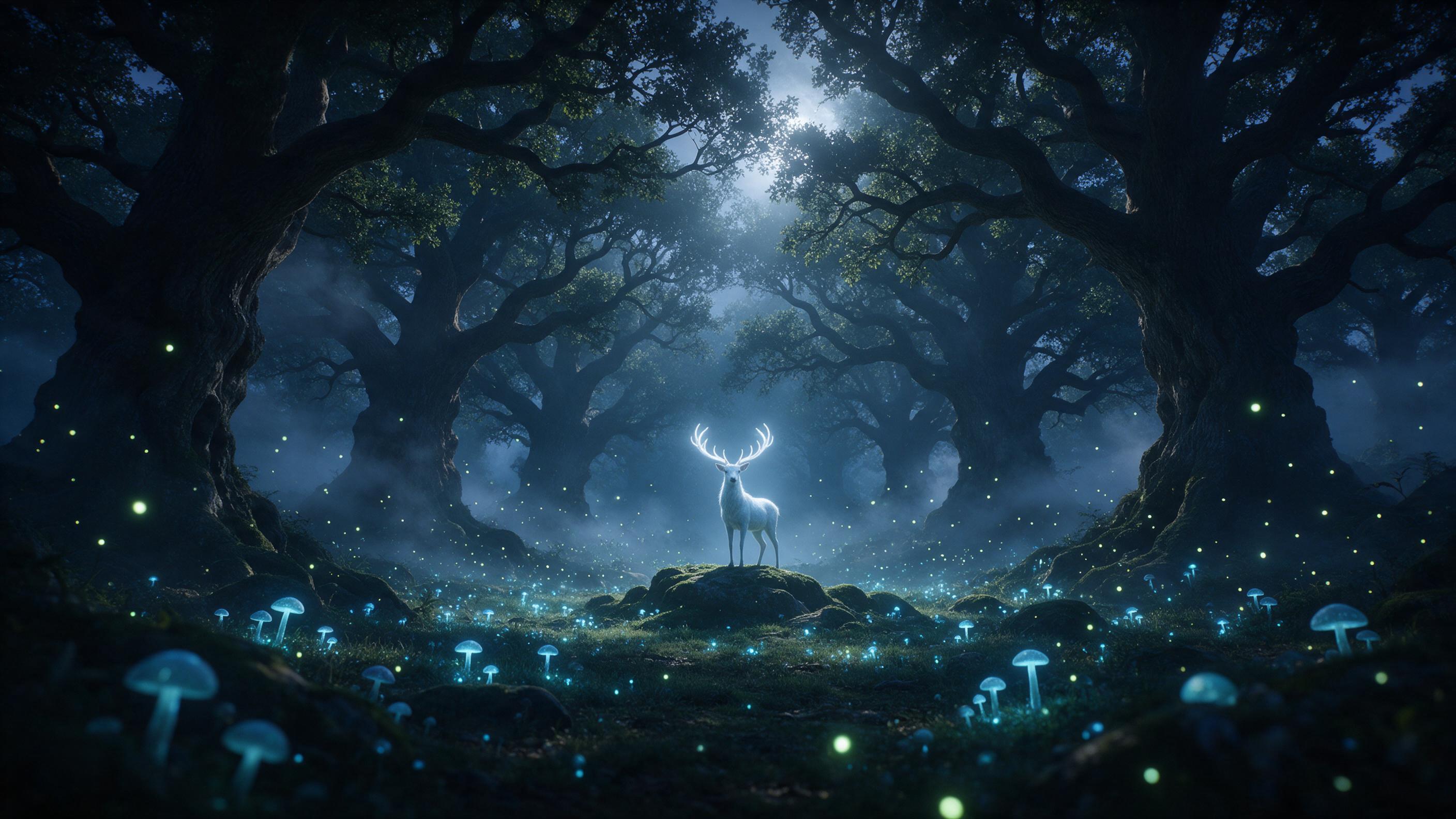 Ancient forest clearing at twilight, bioluminescent mushrooms and floating fireflies casting soft blue-green glow, a lone white stag with glowing antlers standing on mossy rock, mist weaving between giant gnarled oaks, silvery moonlight piercing canopy, cinematic depth of field, ethereal atmosphere,
