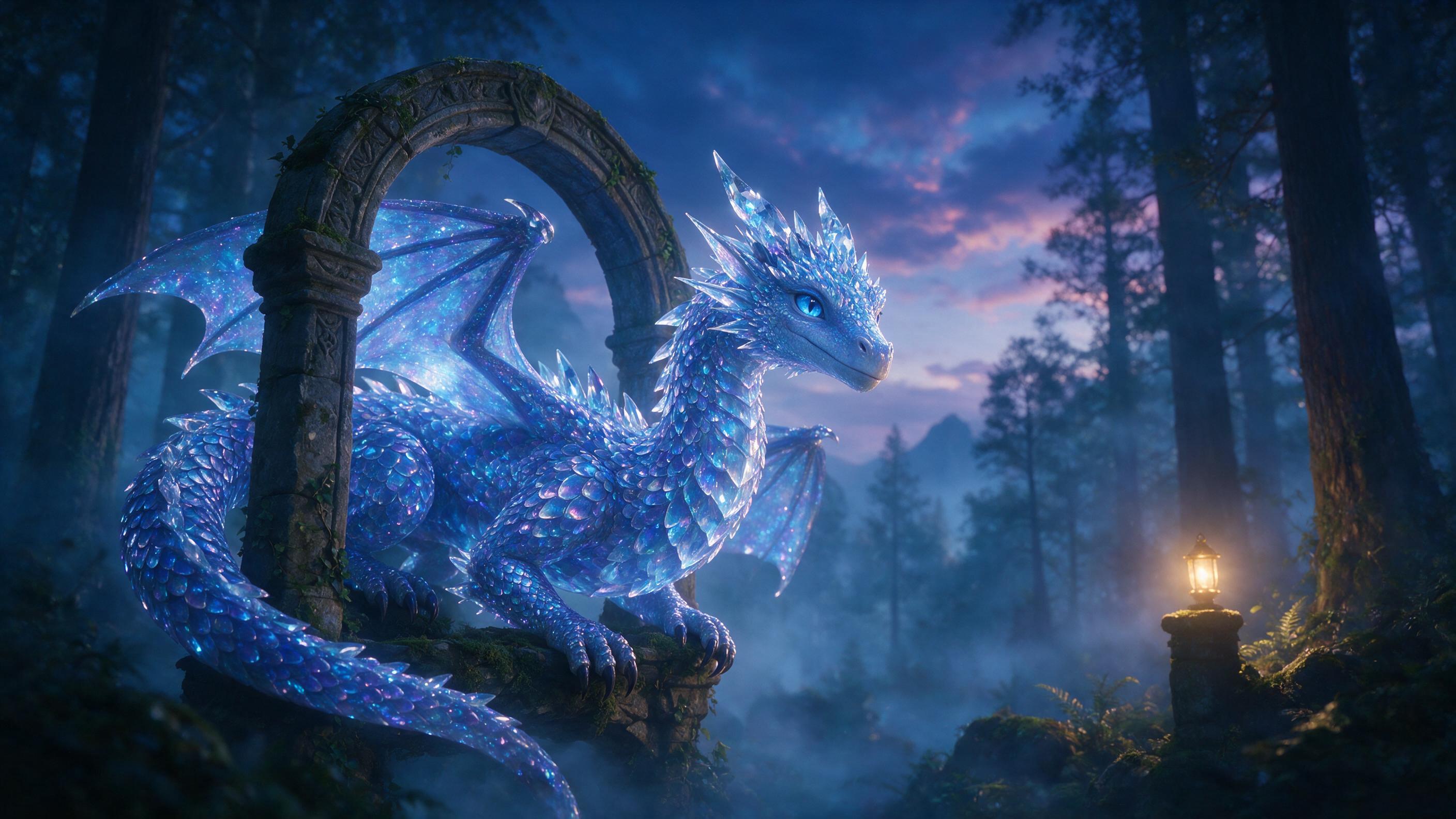 A glowing crystal dragon coiled around a floating stone arch in a misty twilight forest, bioluminescent blue and violet scales, soft fog, warm golden light from a distant lantern, delicate moss on rocks, cinematic composition with dragon in foreground, trees receding into haze, slightly soft focus, 