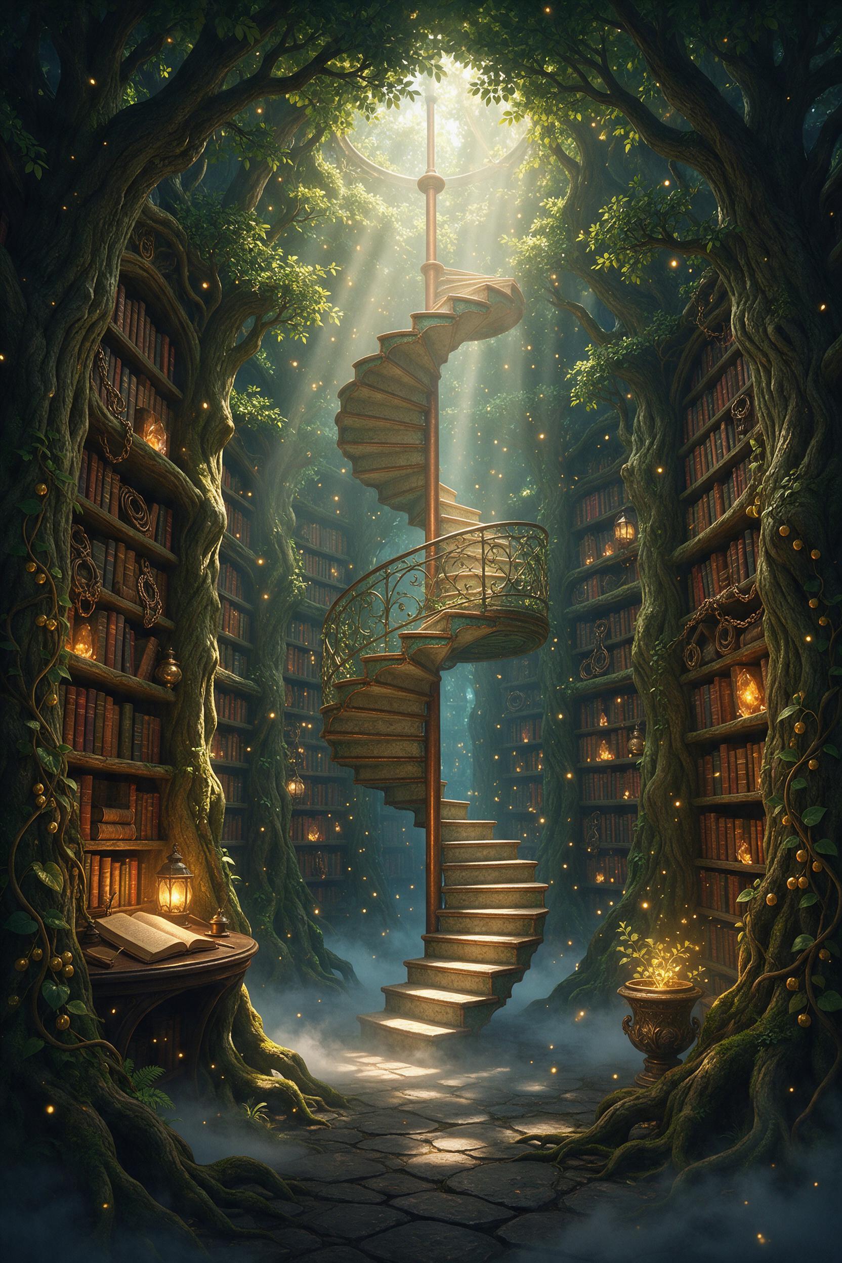 An ancient, glowing library hidden in a forest, with towering bookshelves made of living trees, fireflies casting warm light, a floating spiral staircase, soft mist on the floor, sunbeams filtering through leaves, fantasy art style, rich colors, detailed textures