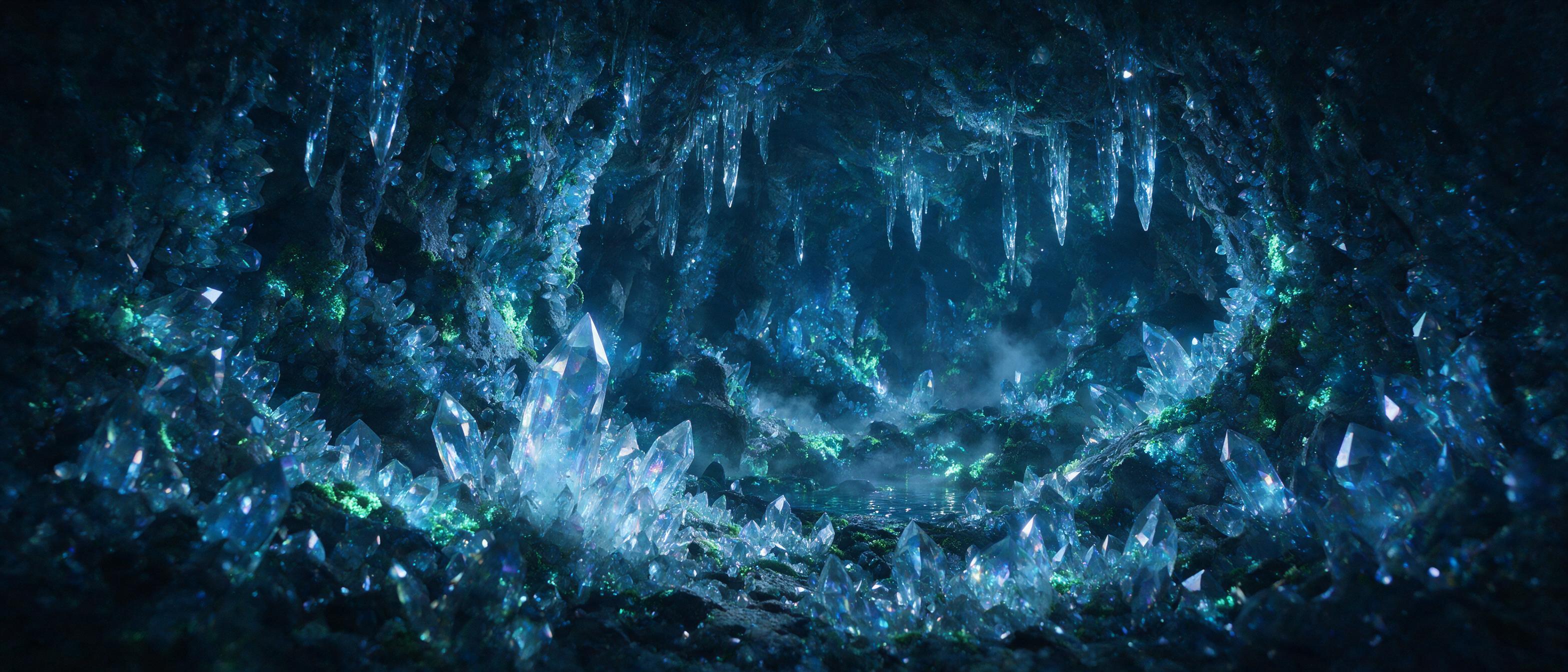 A glowing crystal cave deep underground, bioluminescent moss covers the walls, ethereal blue light reflects off faceted crystals, a small pool of water shimmers, mist rises slowly, dramatic chiaroscuro lighting, deep shadows, mystical atmosphere, wide angle shot