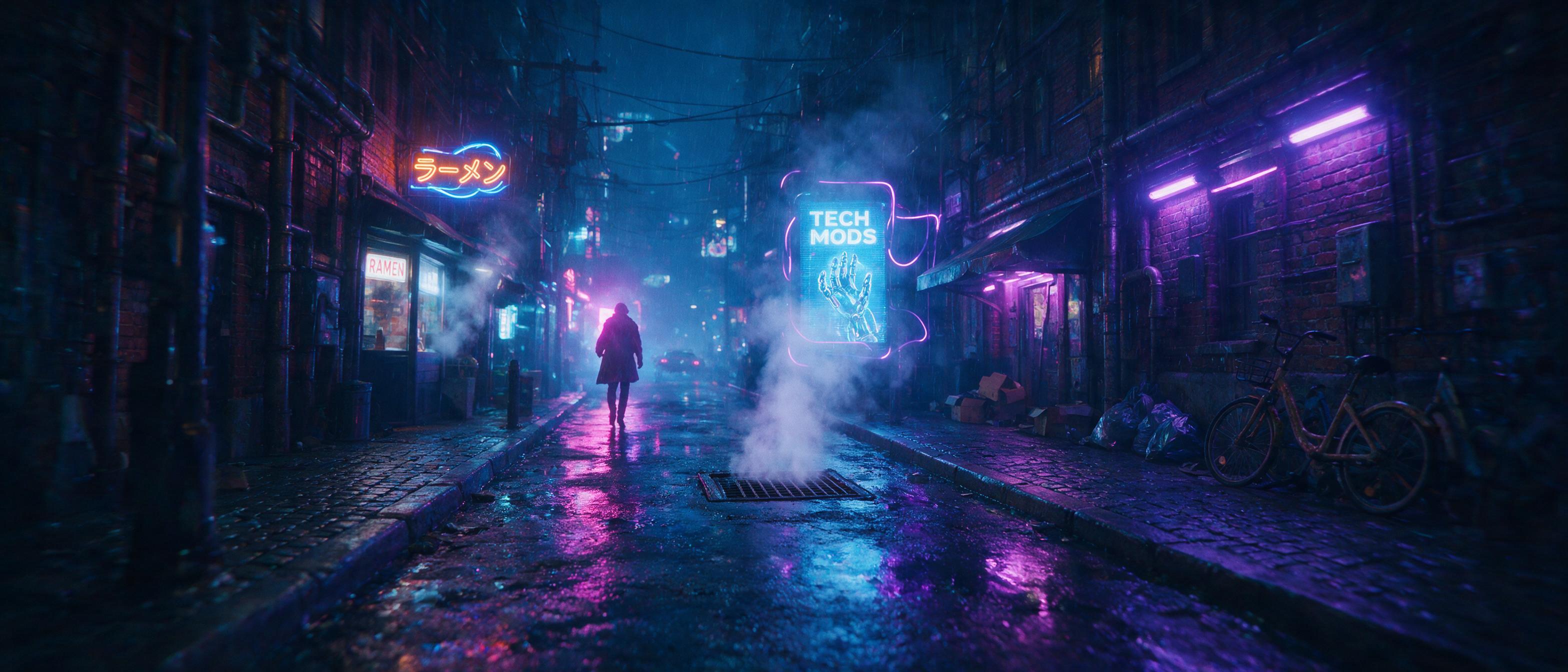 A neon-lit cyberpunk alleyway at midnight, rain-slicked asphalt reflecting holographic billboards, steam rising from a vent, a lone figure in a trench coat walks away, slight camera blur, cinematic lighting, moody blue and magenta tones.