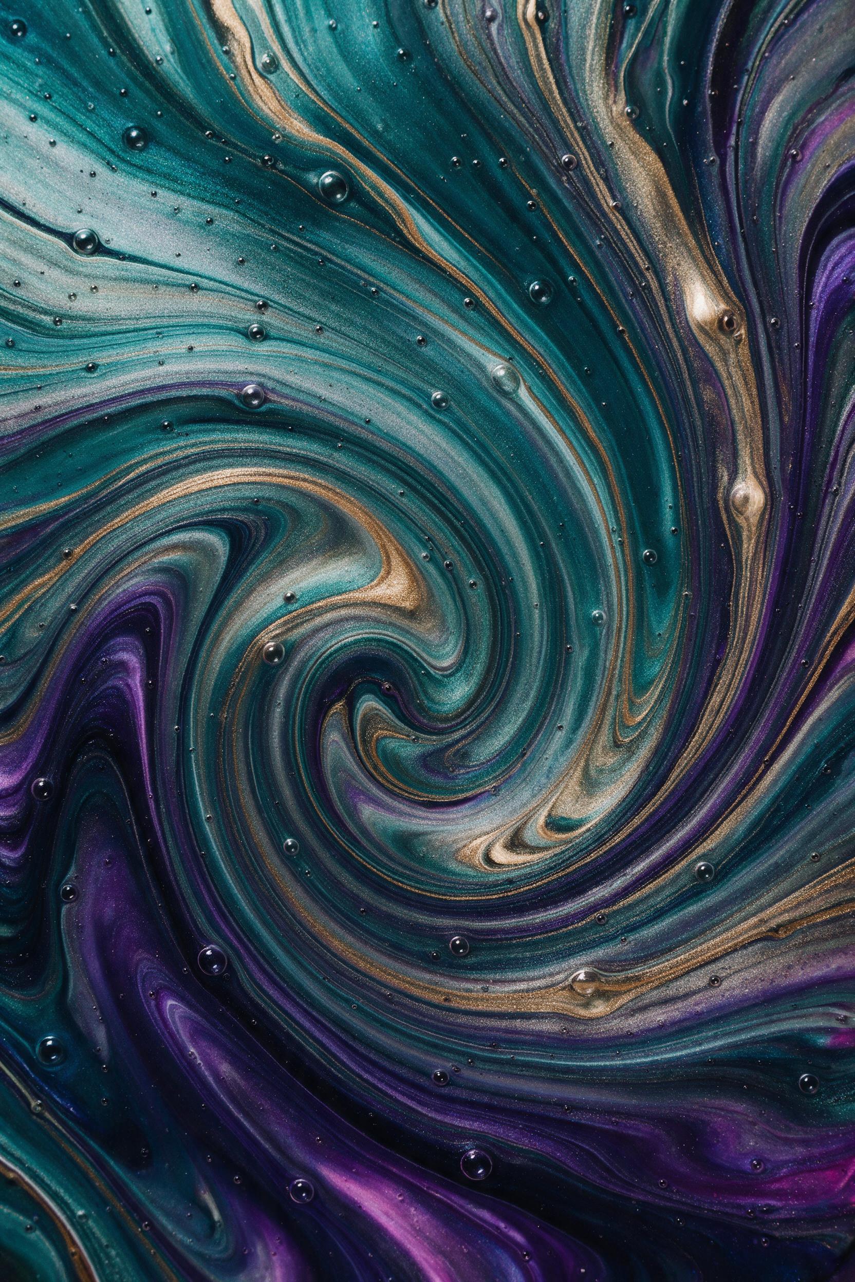 Abstract fluid art on a dark canvas: swirling ribbons of iridescent teal, molten gold, and deep violet, with delicate air bubbles frozen in translucent resin. Soft studio lighting from the upper left creates subtle highlights and long, elliptical shadows. Macro composition focusing on the central vo