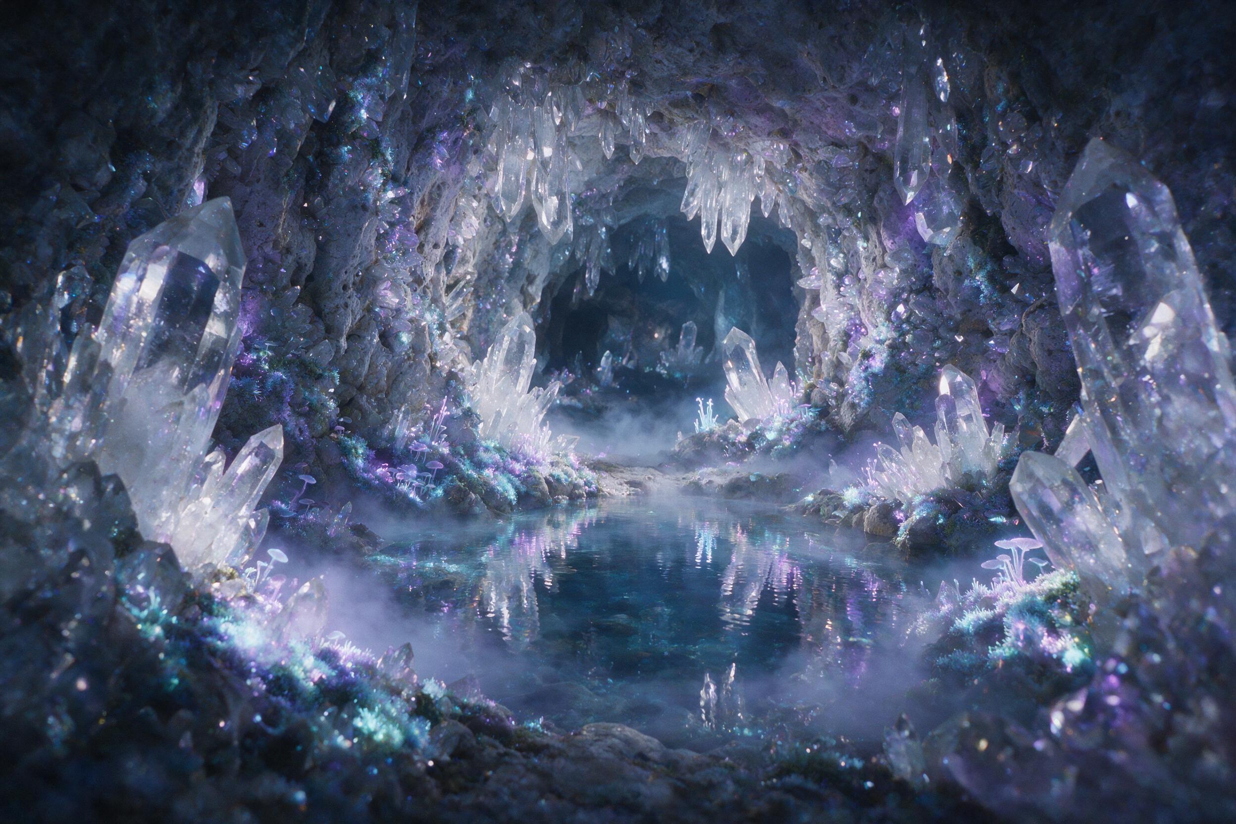 A luminous crystal cave deep underground, bioluminescent moss and fungi casting soft blue and purple light on jagged quartz formations, a small glowing pool reflects the cavern ceiling, mist swirling, cinematic composition with wide angle lens, natural ambient glow, subtle grain texture.