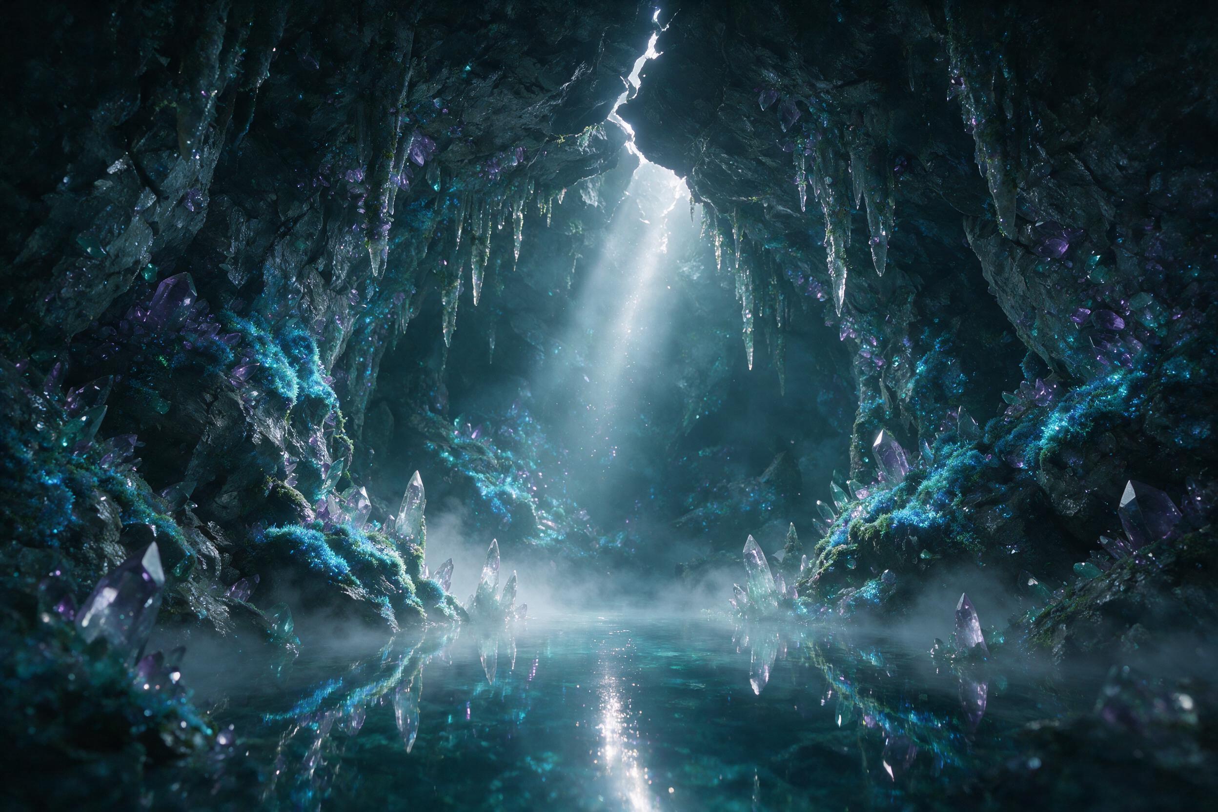 A luminous crystalline cave deep underground, bioluminescent blue moss clinging to jagged walls, a single beam of silver light piercing through a narrow ceiling crack, reflections shimmering on a still pool, soft mist hovering, muted purple and teal tones, ethereal atmosphere.