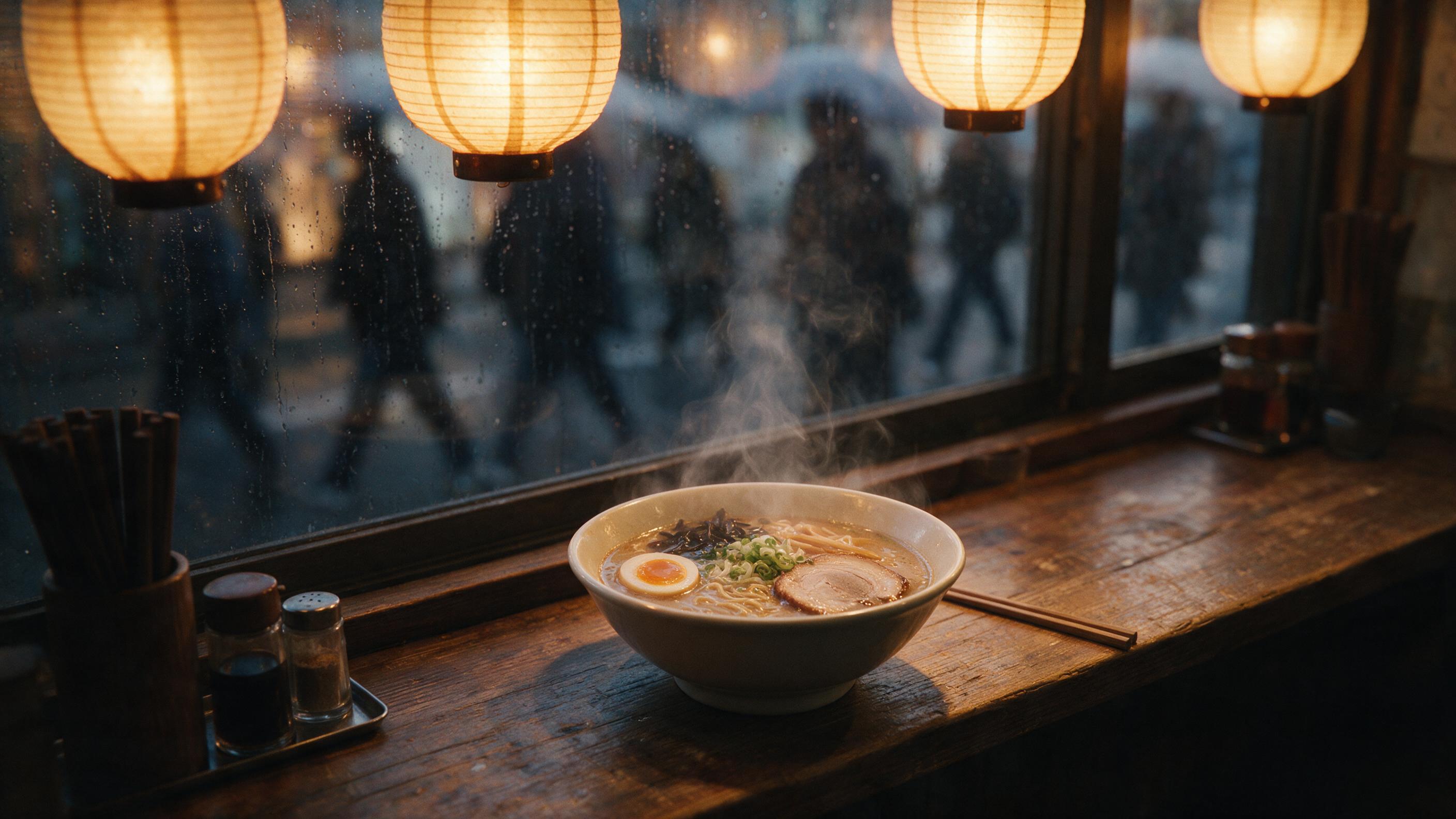 A cozy Tokyo ramen shop at dusk, steam rising from a bowl of tonkotsu ramen, warm amber glow from hanging lanterns, wooden counter with worn textures, blurred silhouettes of pedestrians passing outside the rain-streaked window, shallow depth of field, natural low-light ambience, slight grain, 35mm f
