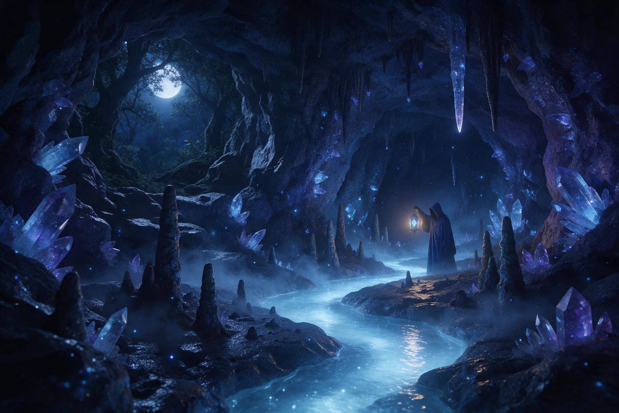 A moonlit crystal cavern hidden beneath an ancient forest, glowing blue and violet crystals jutting from the walls, a small bioluminescent stream winding through the center, mist curling around stalagmites, ethereal light casting soft shadows, a lone hooded figure with a lantern in the distance, len