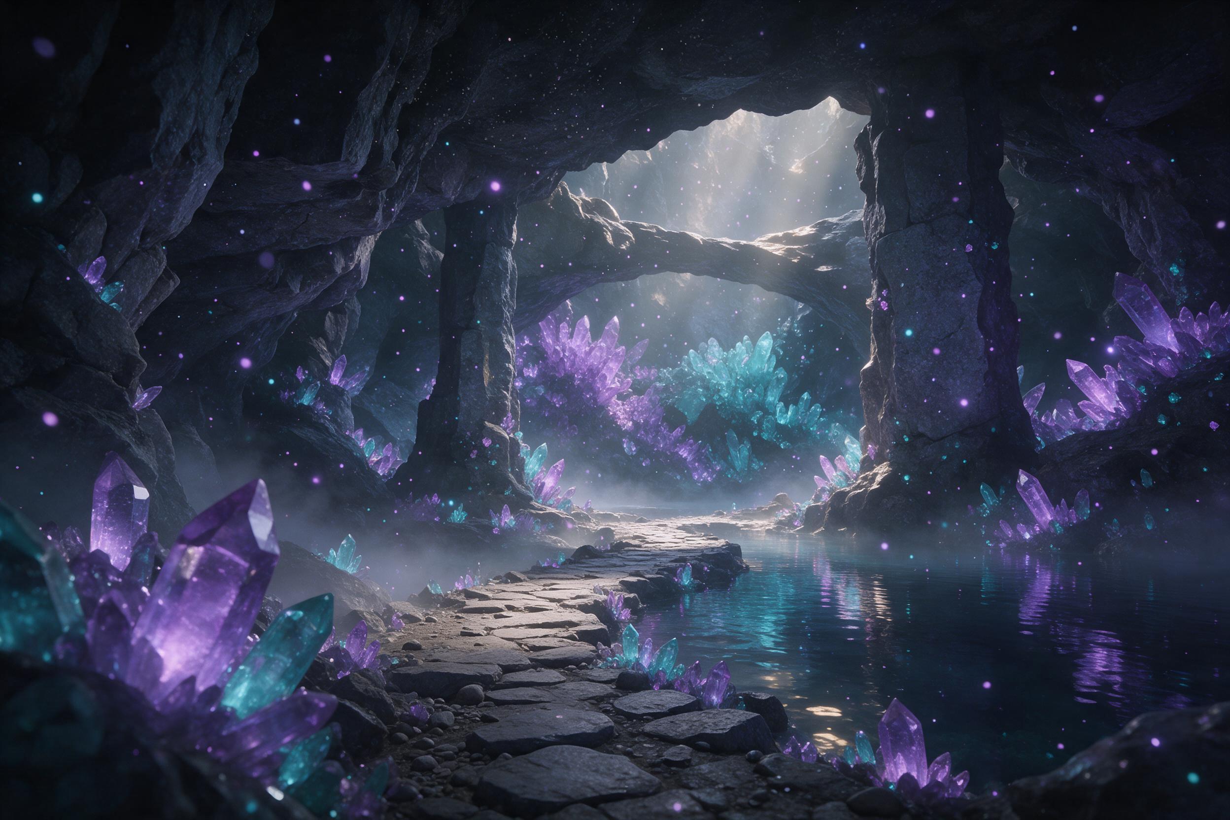 A luminous crystal cavern deep underground, walls encrusted with glowing violet and teal crystals casting reflections in a still underground lake, a stone path curving between rock pillars, soft bioluminescent particles drifting in the air, gentle mist, dappled light from an unseen source overhead, 