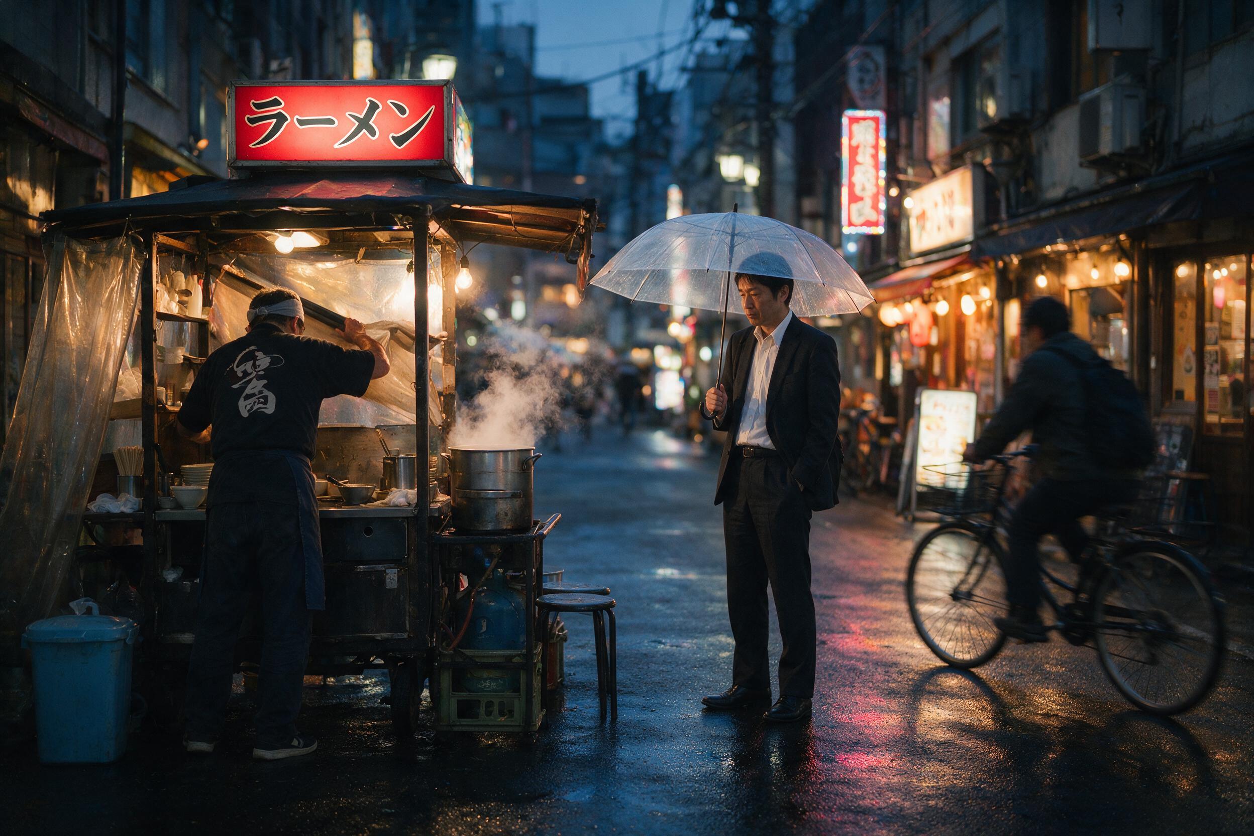 Rainy Tokyo side street at dusk, neon signs reflecting on wet asphalt, a vendor closing his ramen stall, steam rising from a pot, lone salaryman with transparent umbrella, shallow depth of field, warm storefront lights contrasting cool blue twilight, subtle motion blur on passing bicycle.