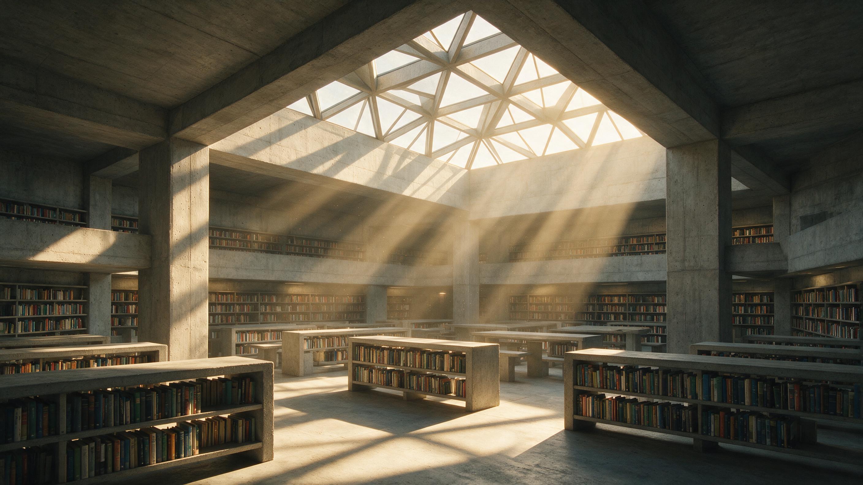 A minimalist brutalist concrete library interior at golden hour, with warm sunlight streaming through a large geometric skylight, casting long diagonal shadows across rows of bookshelves, dust particles visible in the light beams, slight camera grain, soft ambient shadows