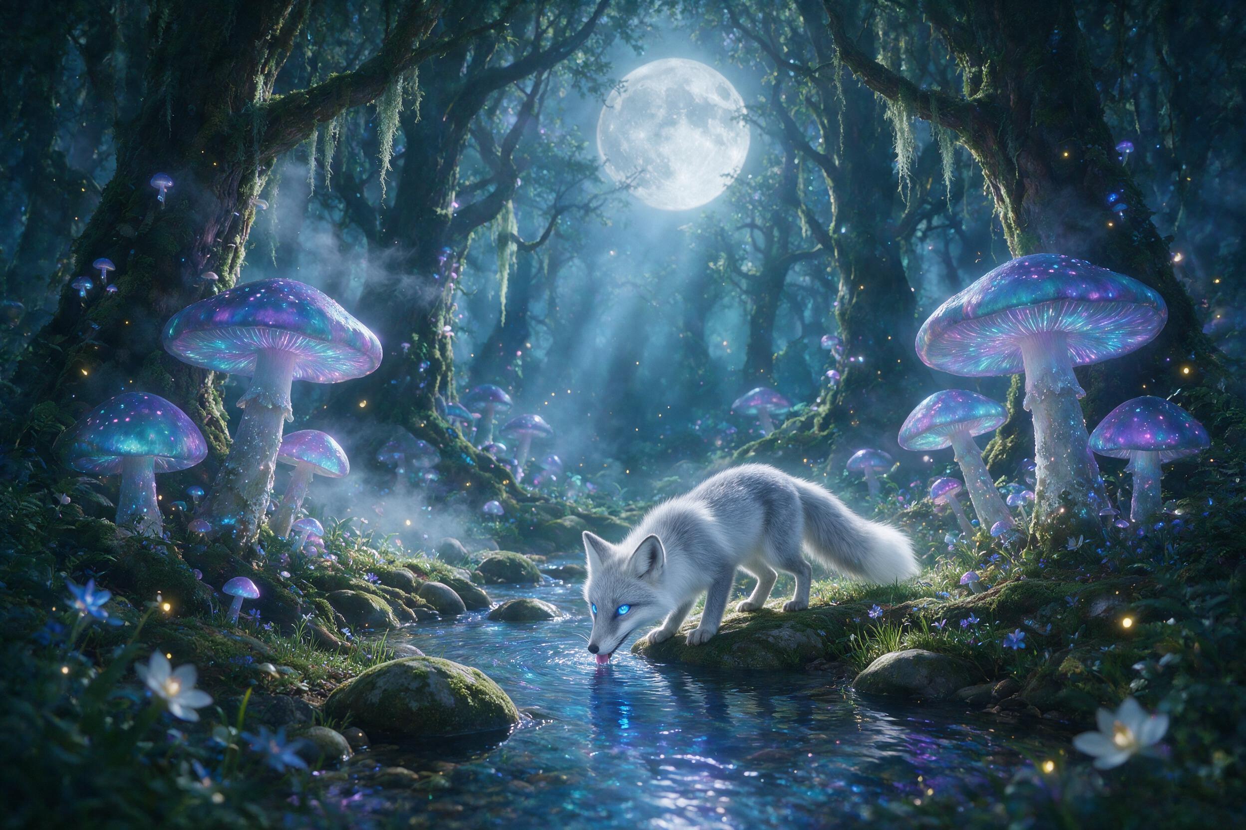 A moonlit enchanted forest clearing, giant glowing mushrooms with iridescent caps, a small silver fox with glowing blue eyes drinking from a crystal-clear stream, mist swirling between ancient mossy trees, soft blue and violet light filtering through canopy, fireflies floating like tiny lanterns, sh