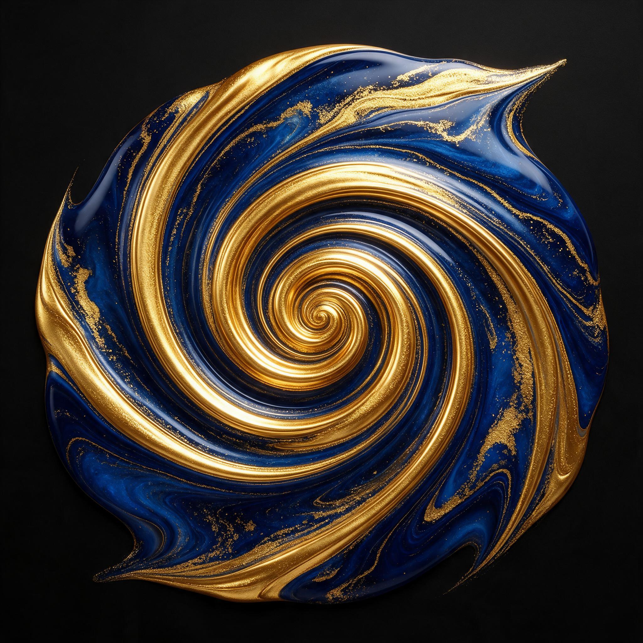 Fluid art of swirling molten gold and deep sapphire blue, intricate marble veins, soft studio lighting reflecting off glossy surface, minimalist black background, elegant composition with central spiral, fine texture detail.