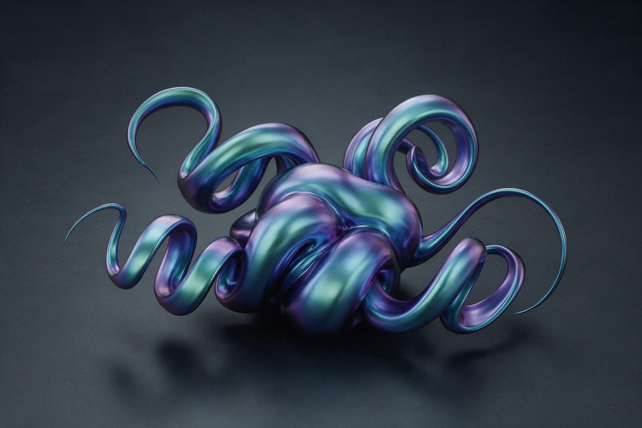 Flowing liquid metal forms, iridescent hues of violet and teal, coiled ribbons with sharp edges, soft studio light creating gentle reflections, dark charcoal background, minimalist composition, smooth gradients, subtle grain