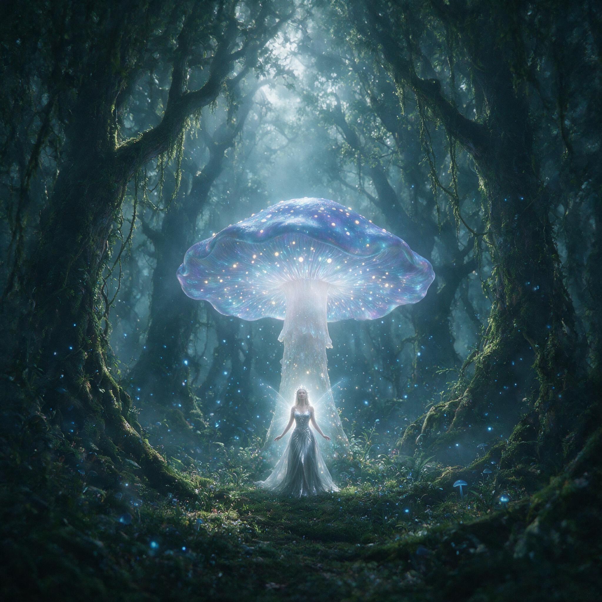 A luminous fairy queen in a silver gown stands beneath a giant glowing mushroom in a misty forest, soft blue bioluminescent spores floating around her, moonlight filtering through ancient trees, ethereal and dreamy atmosphere, gentle haze, slight grain