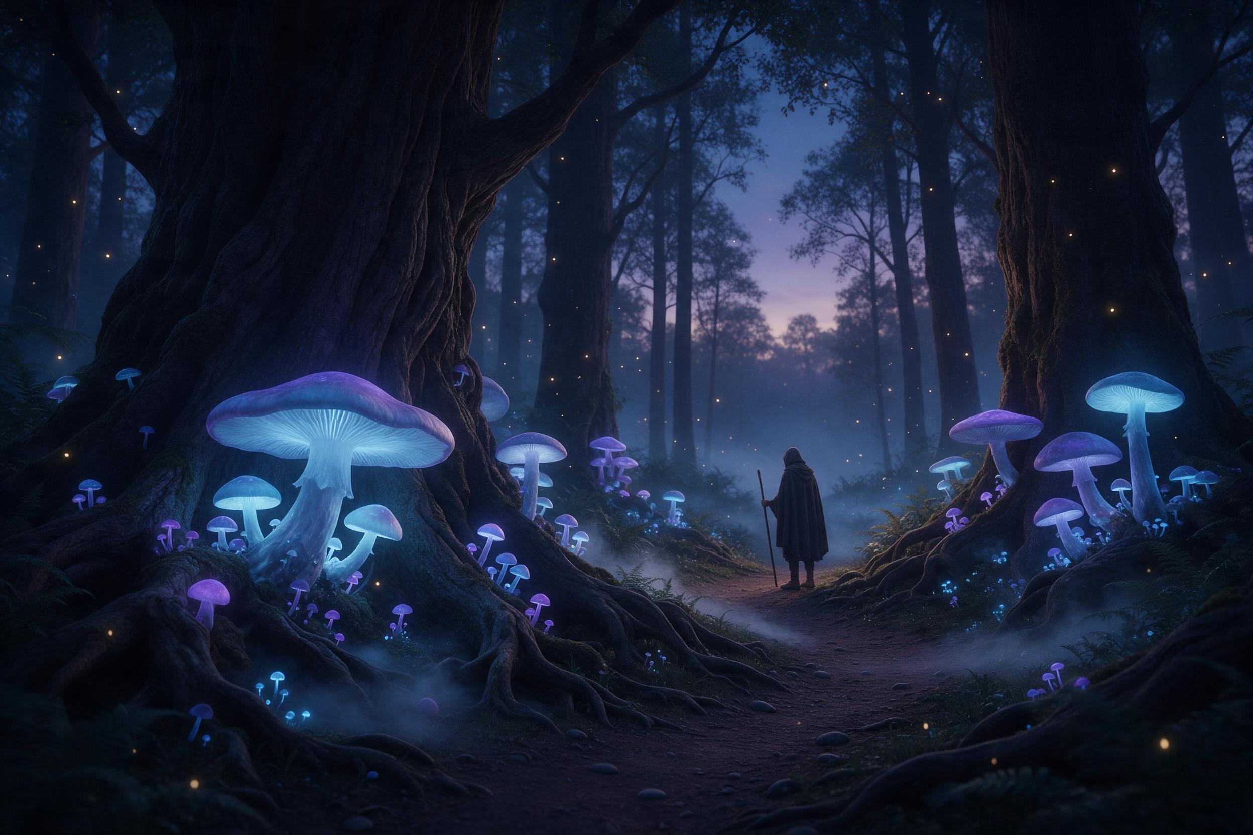 An ancient, glowing forest at twilight, where massive bioluminescent mushrooms cast soft blue and violet light on a winding path. A gentle mist curls between twisted roots, and tiny fireflies drift like floating stars. Composition: a lone cloaked figure with a staff stands at the path's curve, viewe