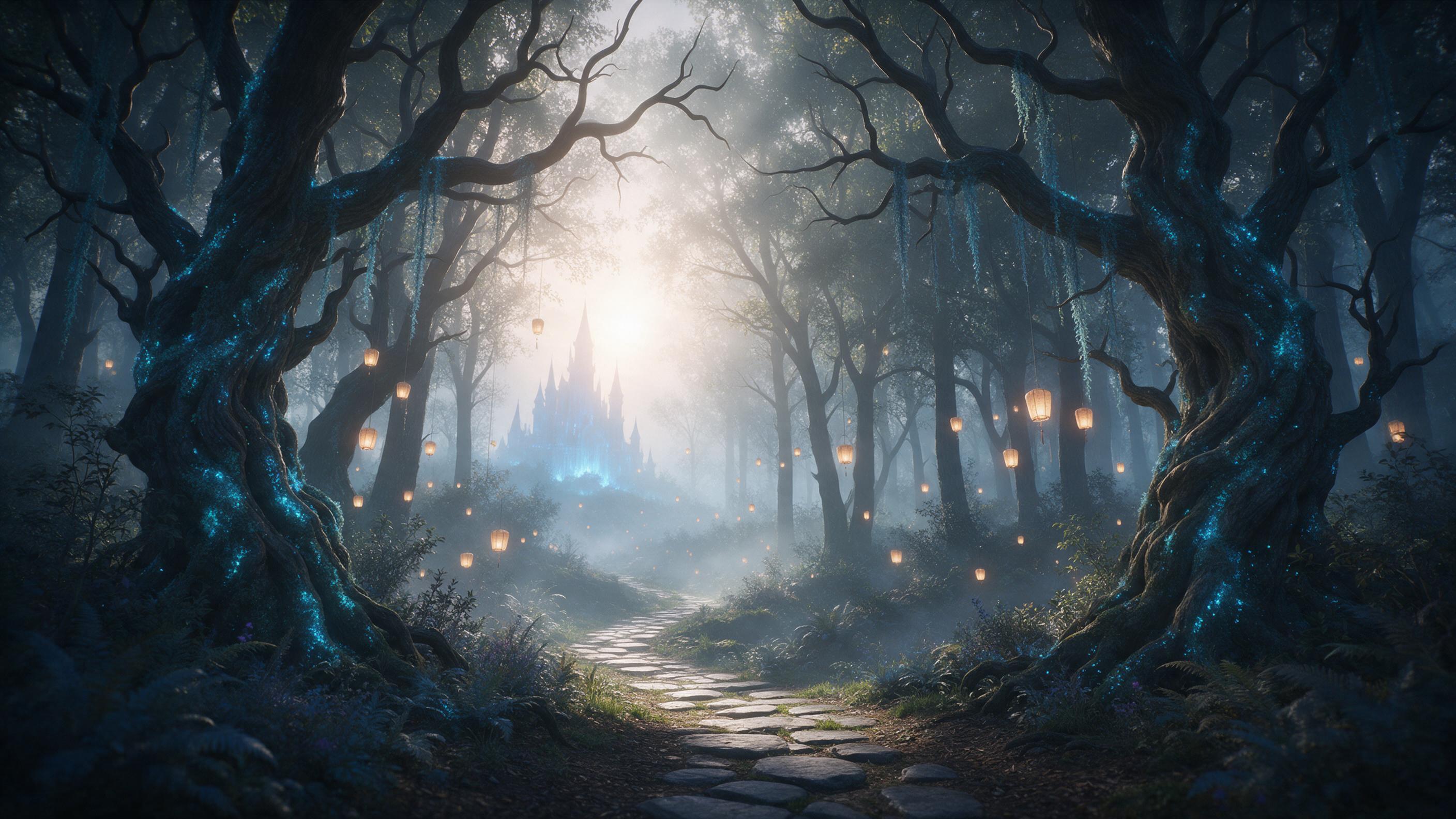 A misty ancient forest with towering, twisted trees draped in glowing blue moss, small floating lanterns casting warm light, a narrow, winding path leading to a distant, ethereal castle, soft fog, dramatic backlighting, cinematic composition, vibrant yet dreamy color palette