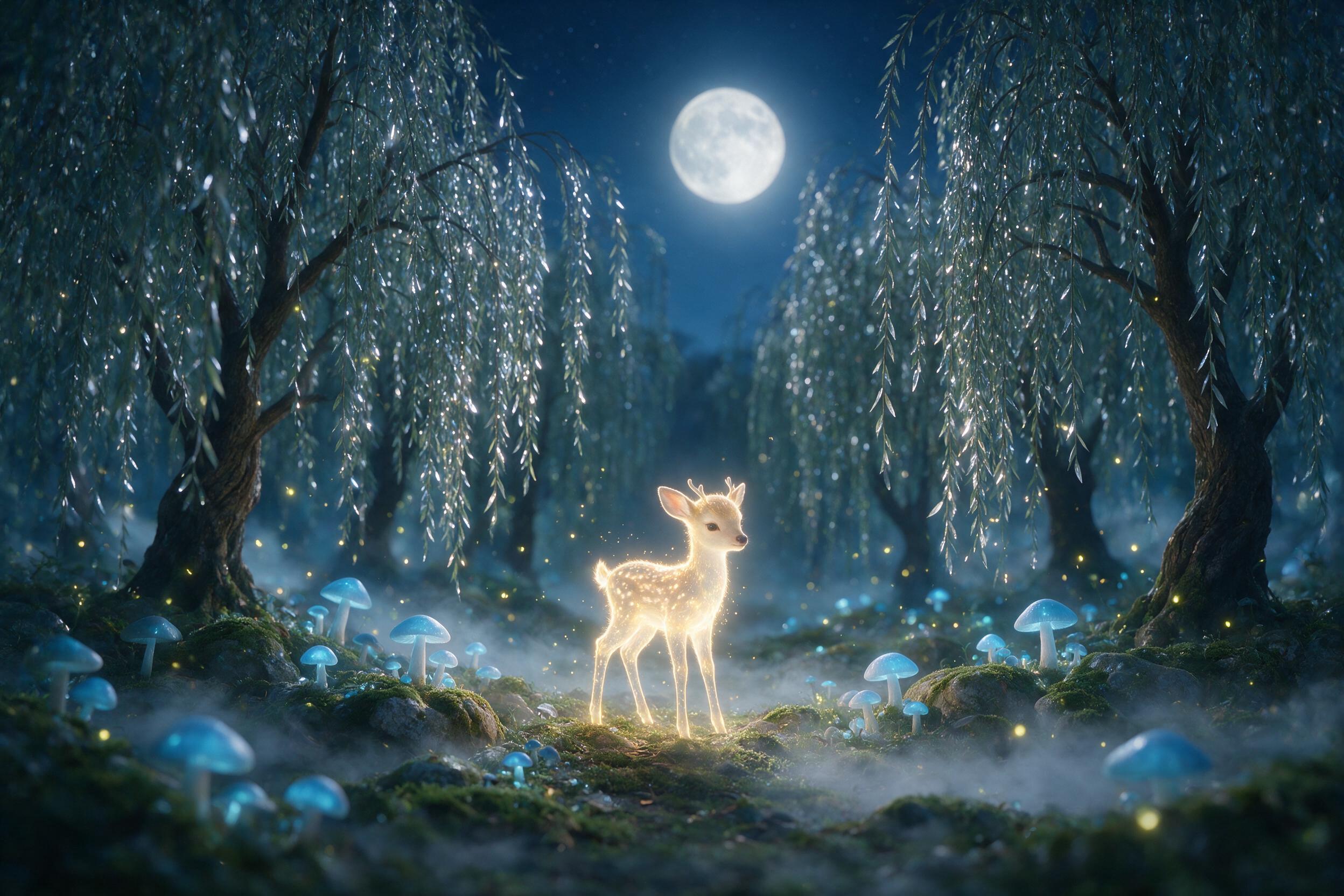A secluded moonlit grove with ancient weeping willows, their leaves glinting like silver teardrops. A tiny glowing fawn, translucent and ethereal, stands among luminous blue mushrooms and drifting fireflies. Soft mist weaves between mossy stones. Composition centered on fawn, gentle bokeh background