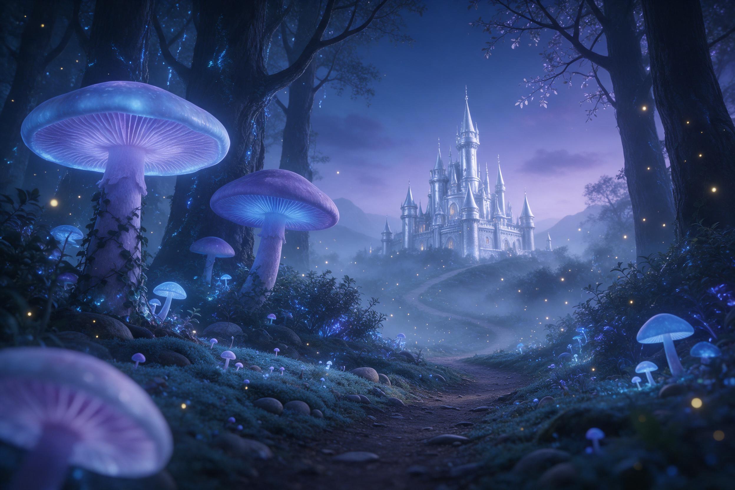 A bioluminescent forest at twilight, giant glowing mushrooms casting soft blue and violet light on mossy ground, a winding path leading to a distant silver castle, fireflies drifting through mist, low-angle perspective, ethereal atmosphere