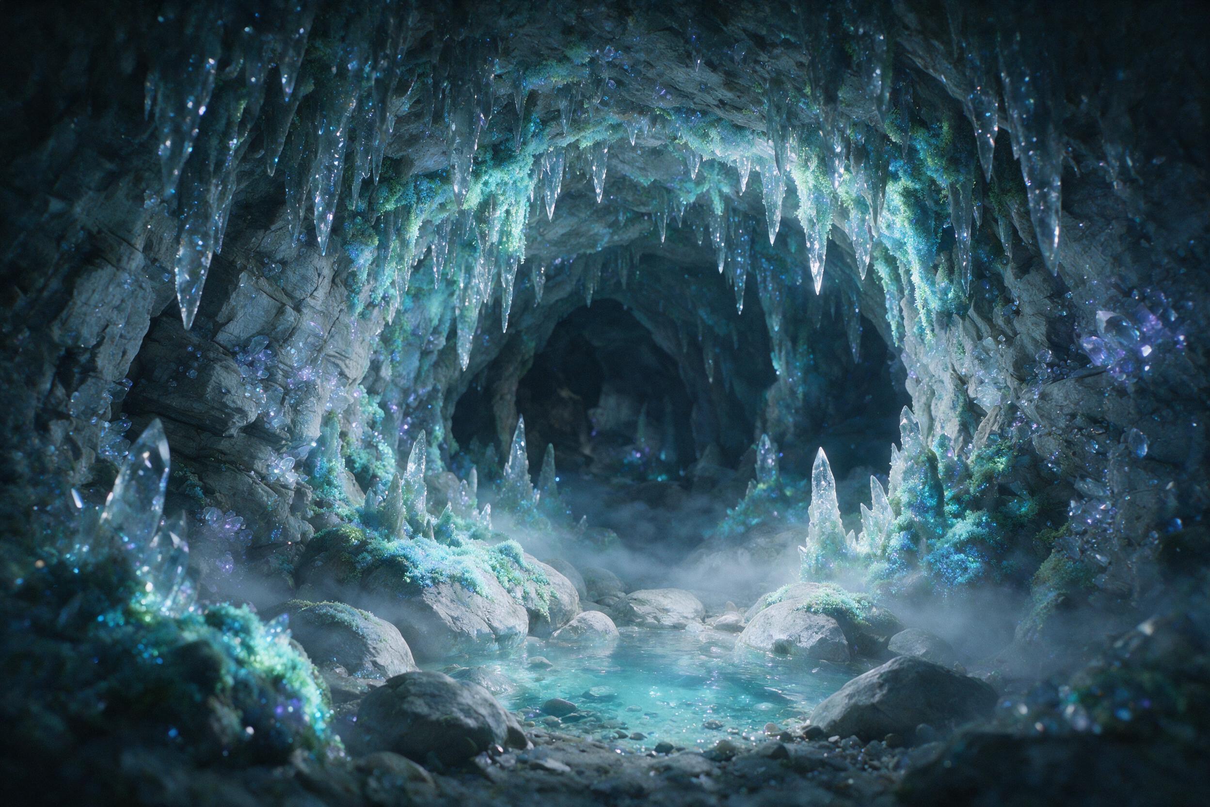 A luminous crystal cave deep underground, glowing bioluminescent moss covering jagged stalactites, a small pool of shimmering water reflecting soft blue light, ethereal mist swirling, gentle shadows, cinematic composition, natural lighting, slight grain