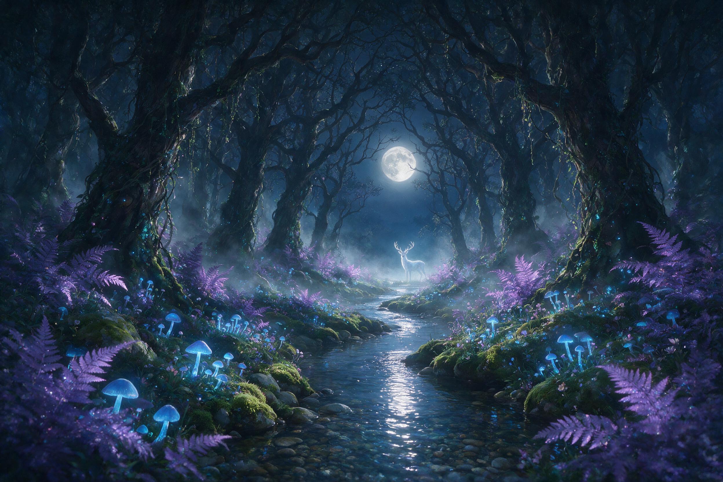 A moonlit enchanted forest with bioluminescent blue mushrooms and glowing purple ferns, a gentle mist curling between ancient gnarled trees, a small stream reflecting the full moon, soft dappled light pierces the canopy, a faint silhouette of a white stag in the distance, ethereal atmosphere, painte