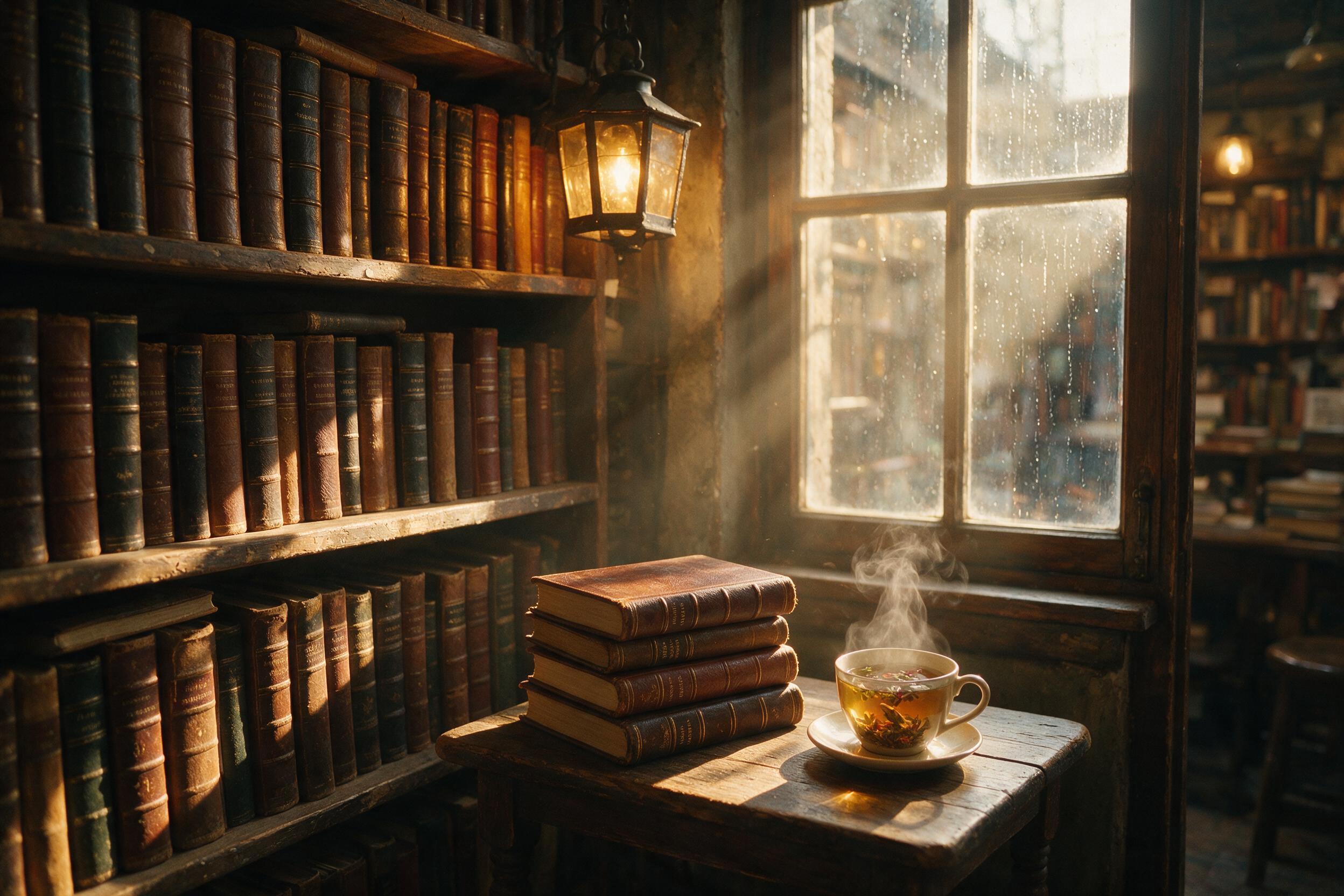 Cozy corner of a vintage bookstore, warm lantern light casting soft shadows on worn wooden shelves, stacked leather-bound books, a steaming cup of herbal tea, dusty sunbeams from a window with rain-streaked glass, peaceful afternoon atmosphere, slight grain, natural composition